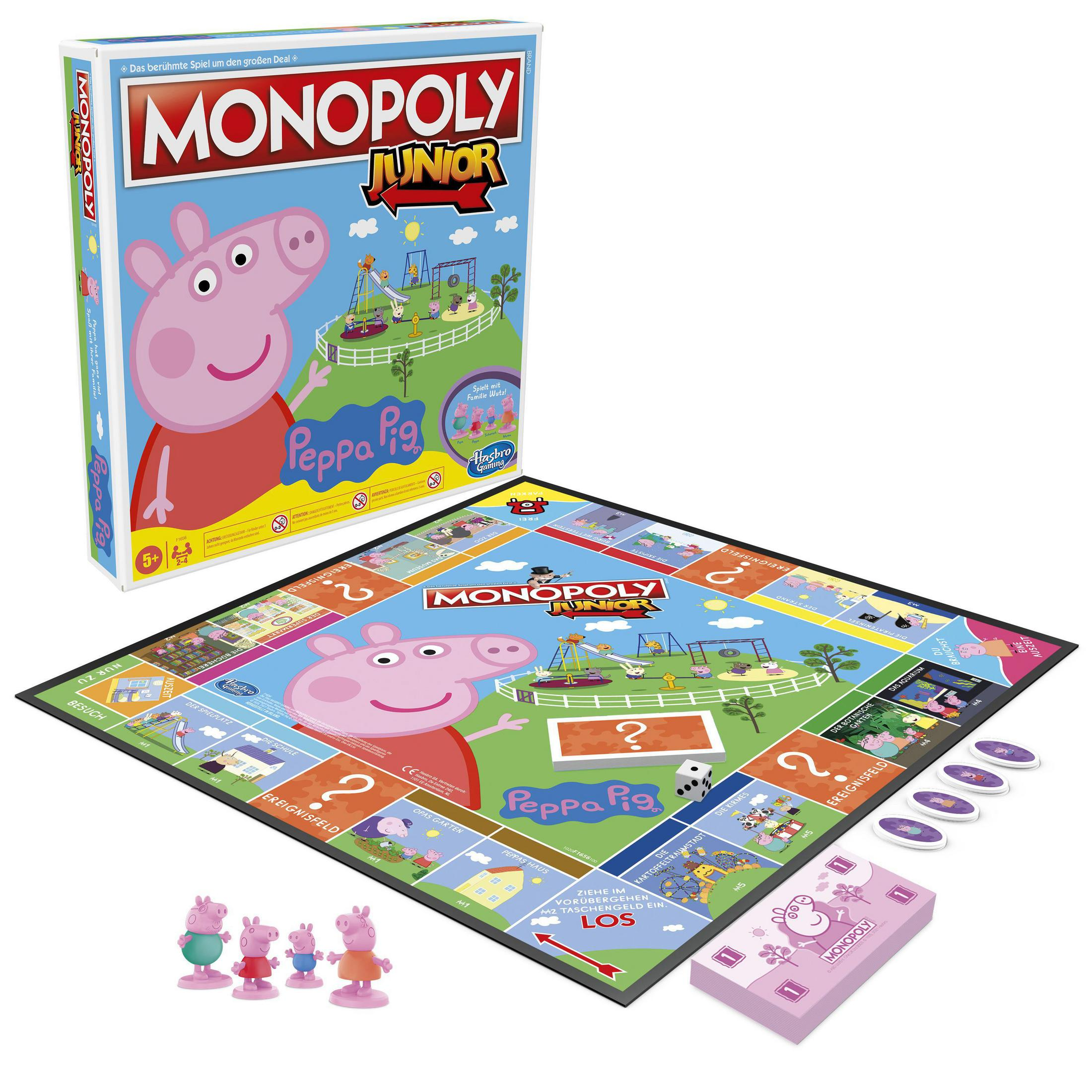 Gra planszowa Monopoly Junior z motywem Świnki Peppy; zawiera planszę, figurki i akcesoria.