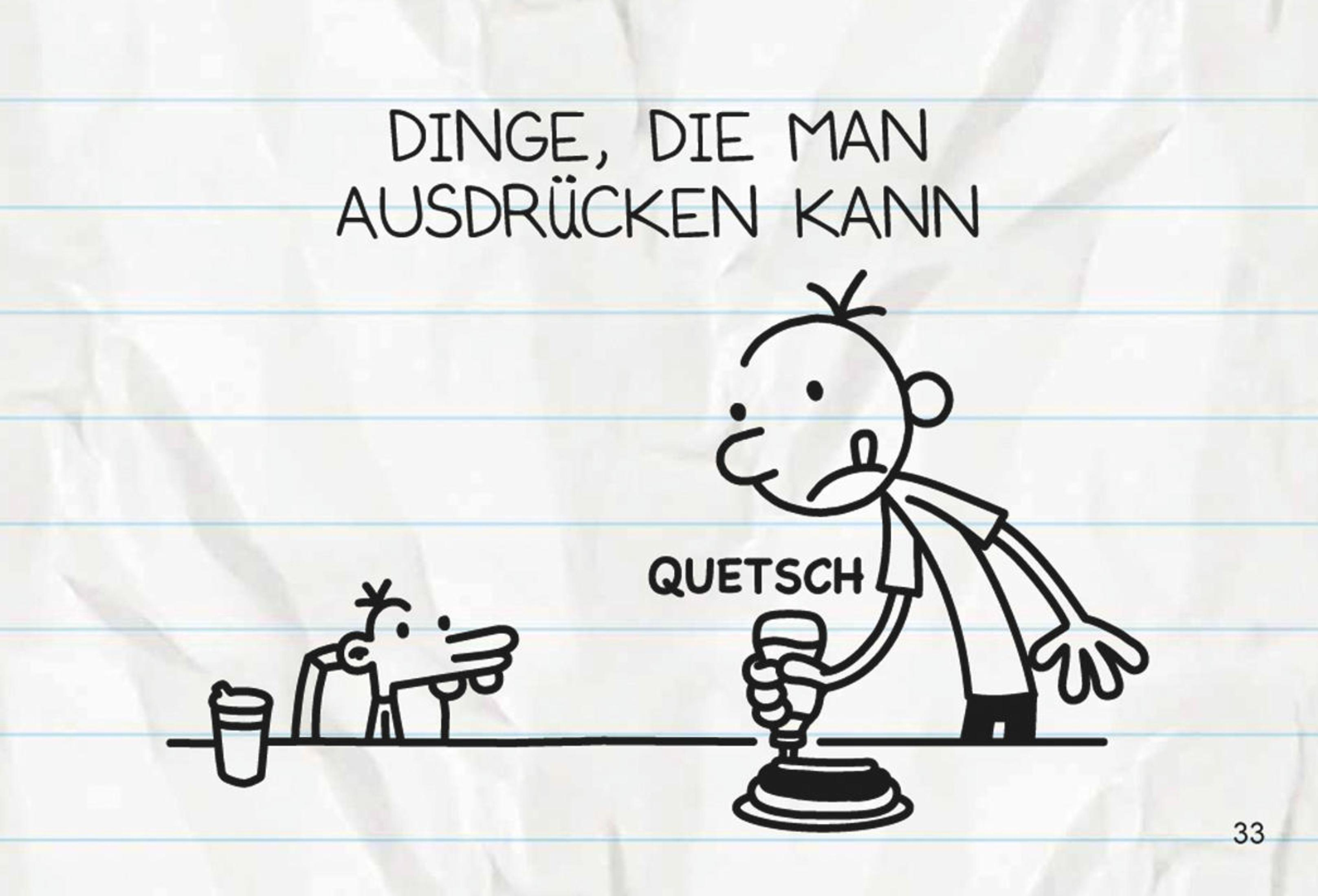 Kreskówka, chłopiec ściska zabawkę. Tekst: "Rzeczy, które można ściskać" i "Quetsch" na zabawce.