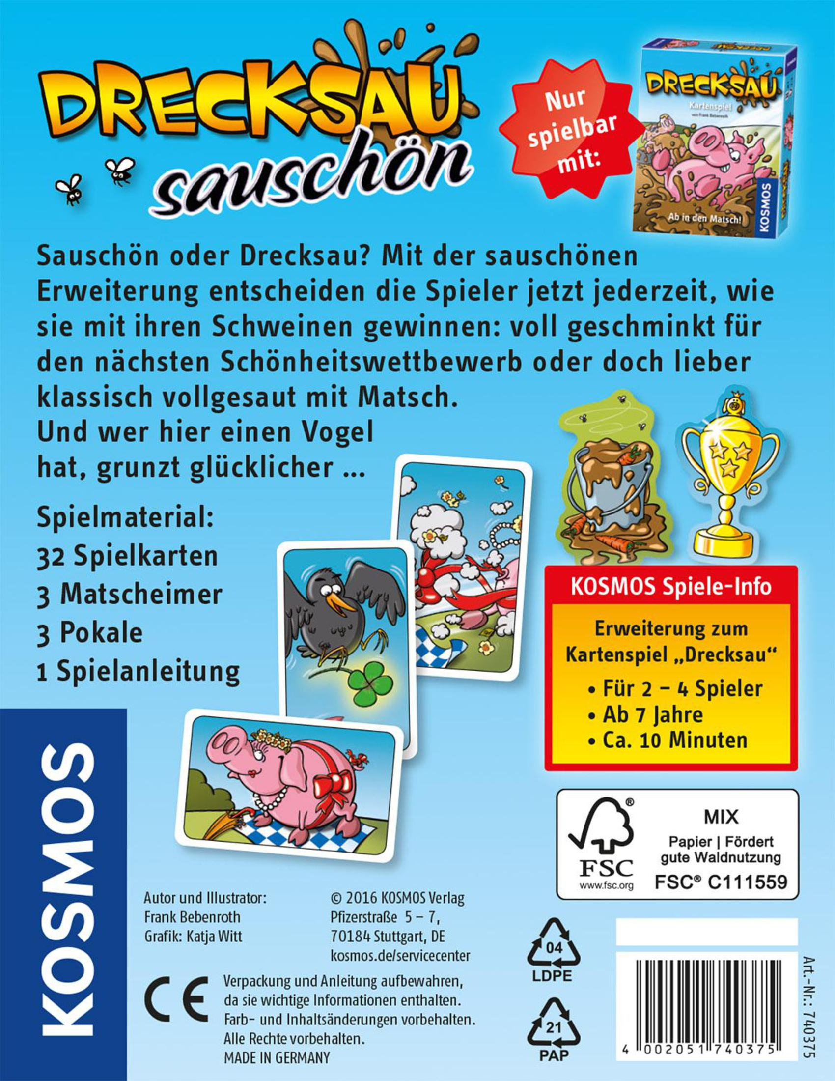 Boîte de jeu de société avec des images de cochons et de cartes. Texte en allemand.