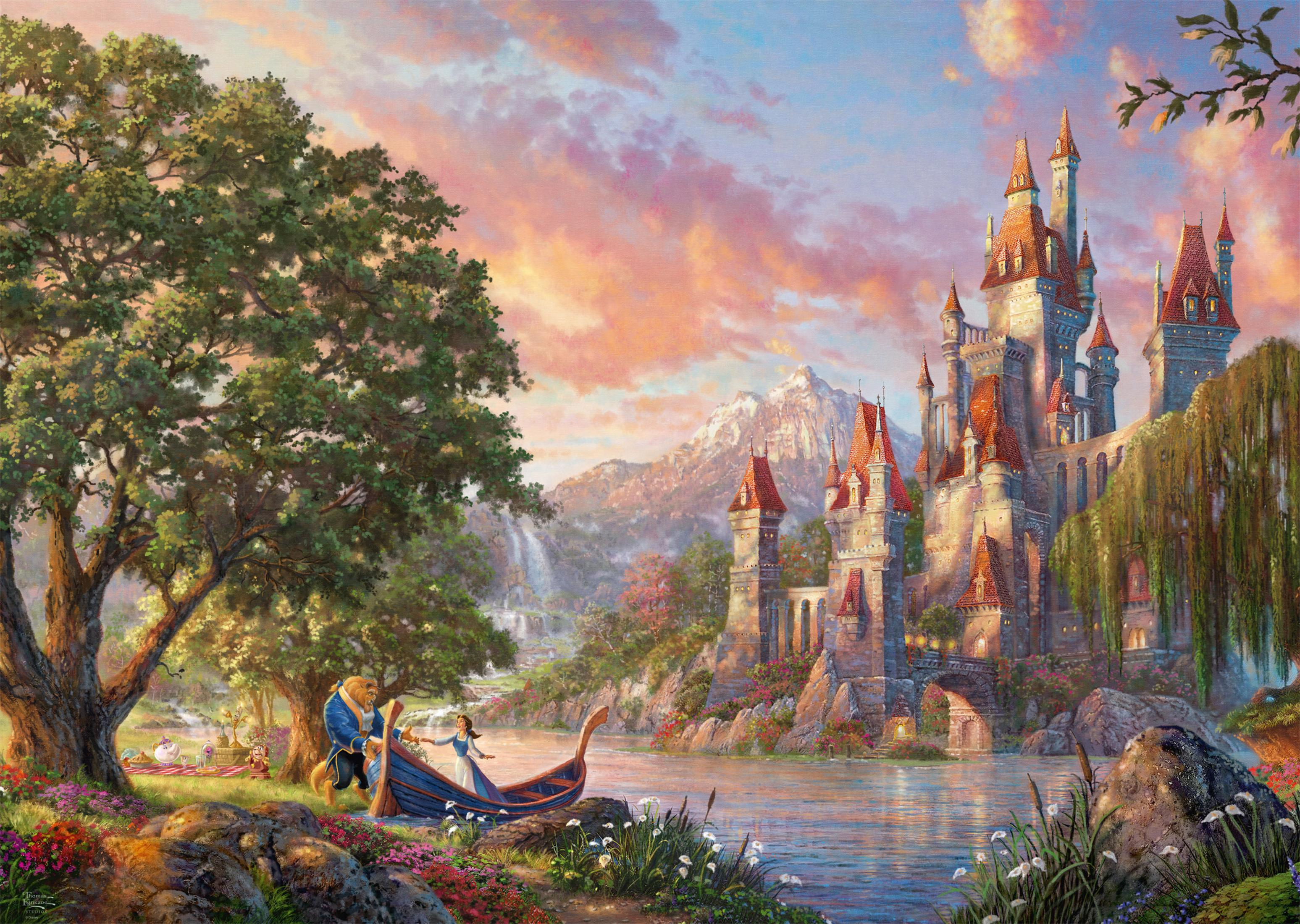 Pintura de La Bella y la Bestia. El castillo al fondo, la pareja en un bote.