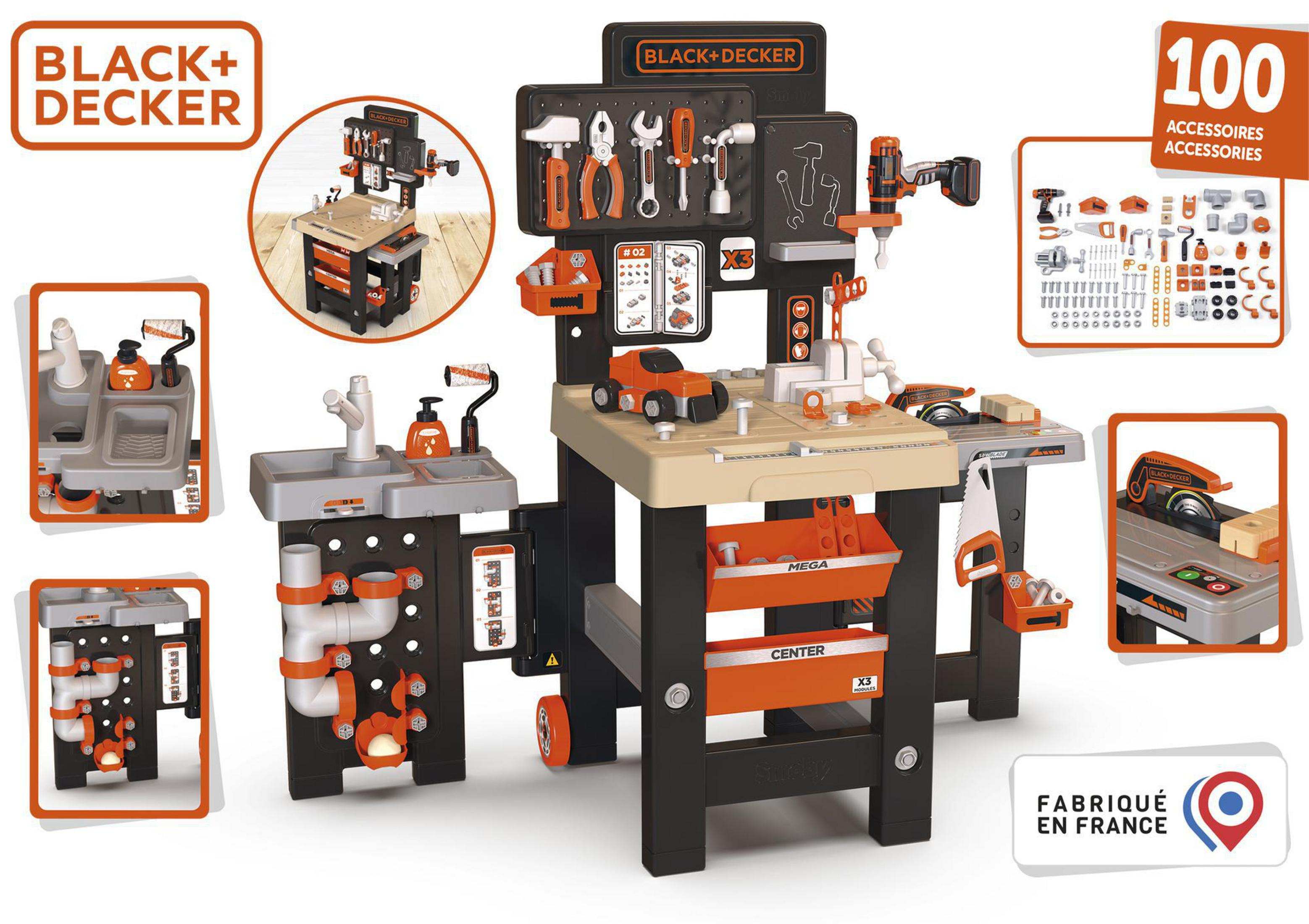 Black+Decker Spielzeug-Werkbank-Set mit Werkzeugen. Orange und Schwarz, mehrere Ansichten.