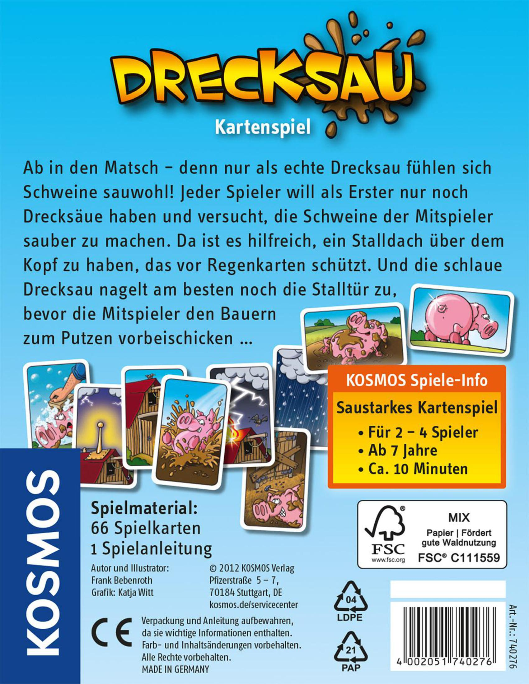 Rückseite einer Kartenspielbox, betitelt 'Drecksau', mit Spieldetails und Schweineillustrationen.