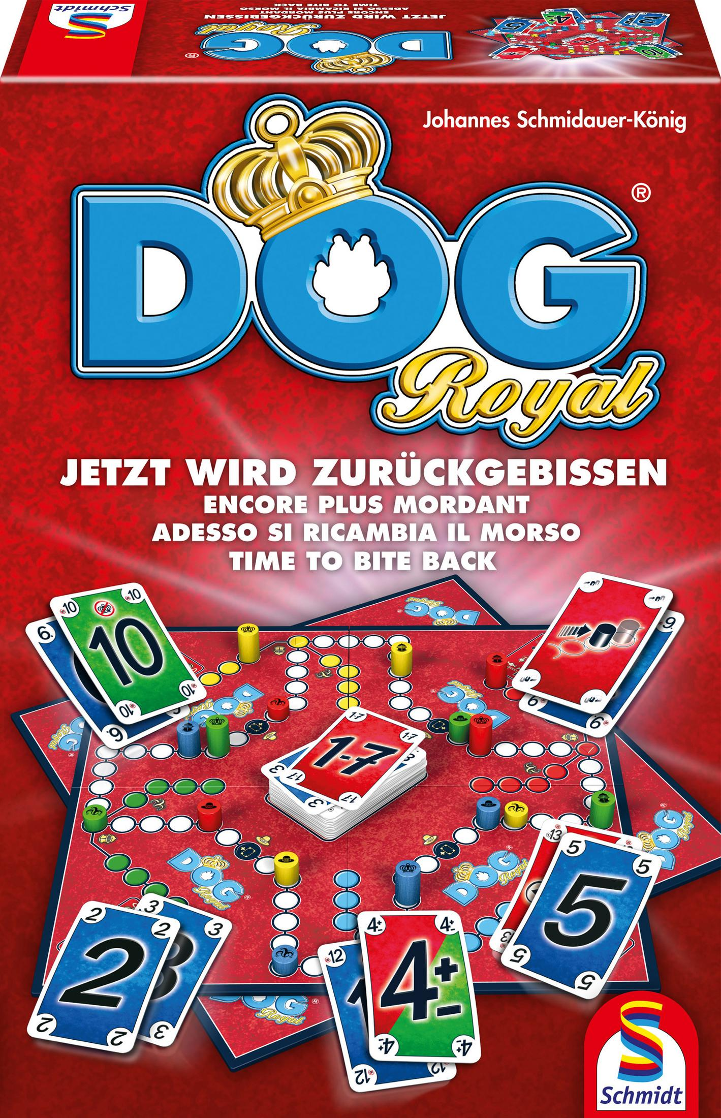 Schachtel des Dog Royal Brettspiels mit Karten und einem Spielbrett mit farbigen Feldern.