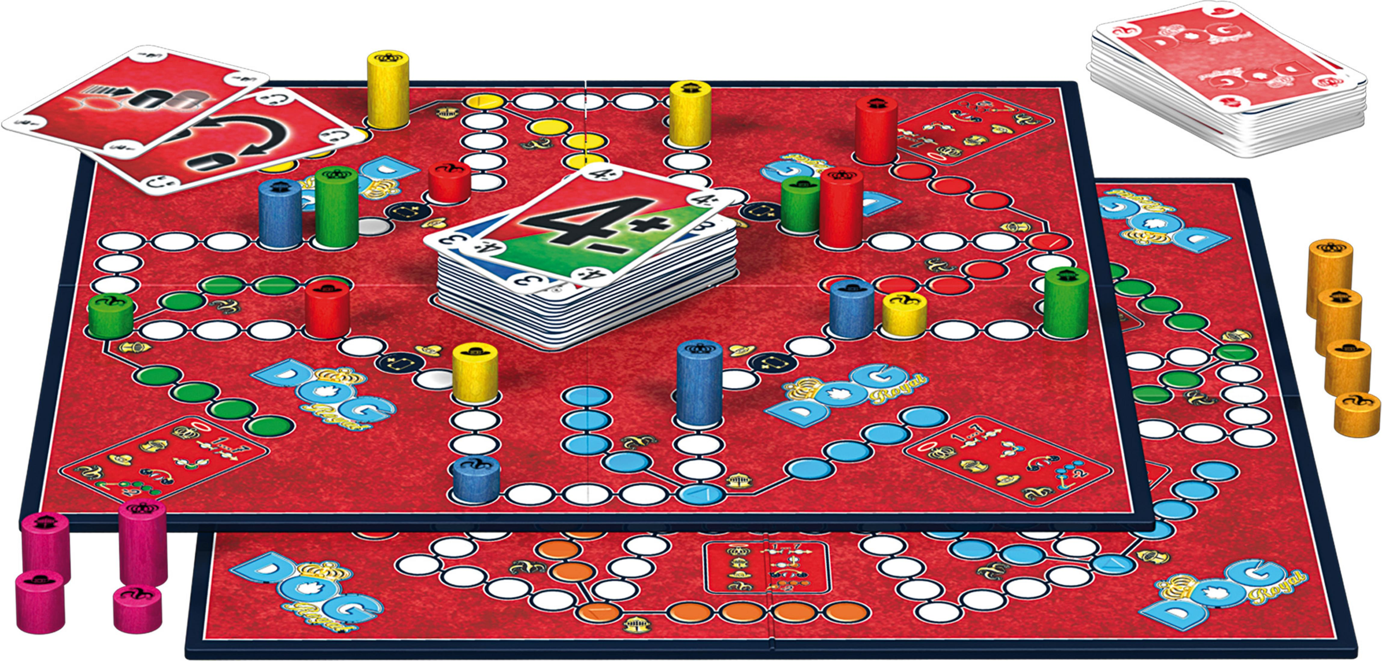 Brettspiel mit rotem Brett, farbigen Spielsteinen und Karten. Ein Kartenstapel liegt auf dem Brett.