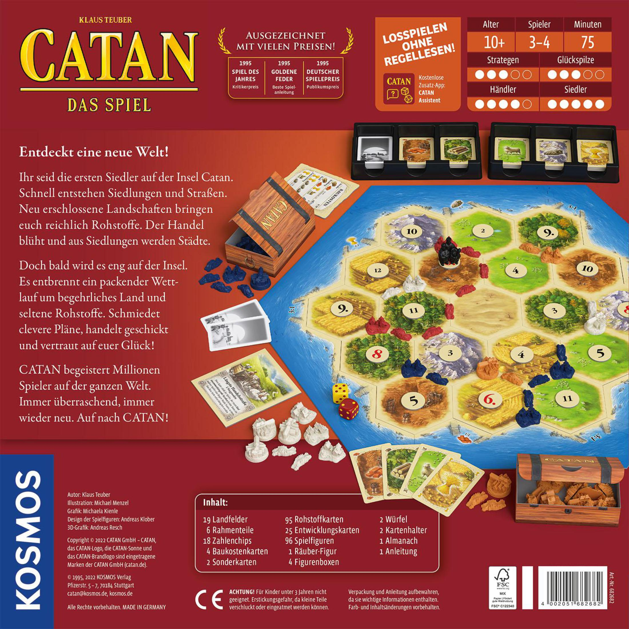 Die Catan-Brettspielbox mit einem Spielbrett, Würfeln und verschiedenen Spielsteinen.