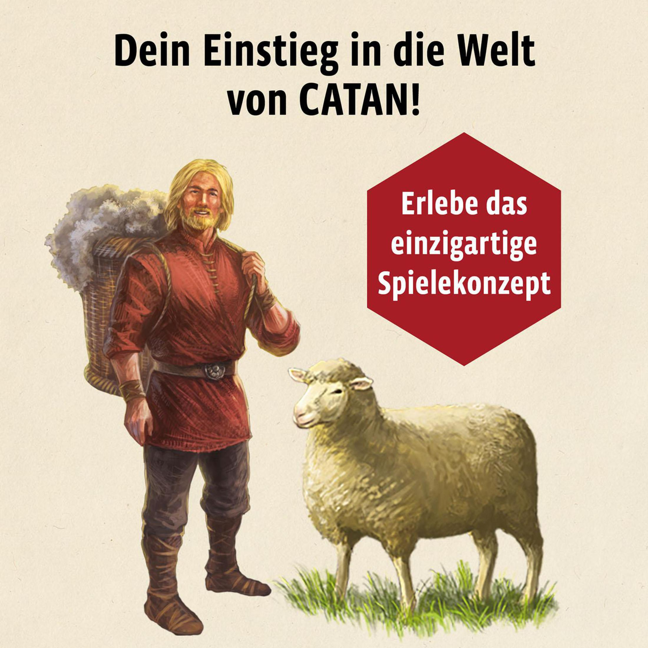 Ein Mann mit einem Schaf und Text auf Deutsch: "Dein Einstieg in die Welt von CATAN! Erlebe das einzigartige Spielkonzept"