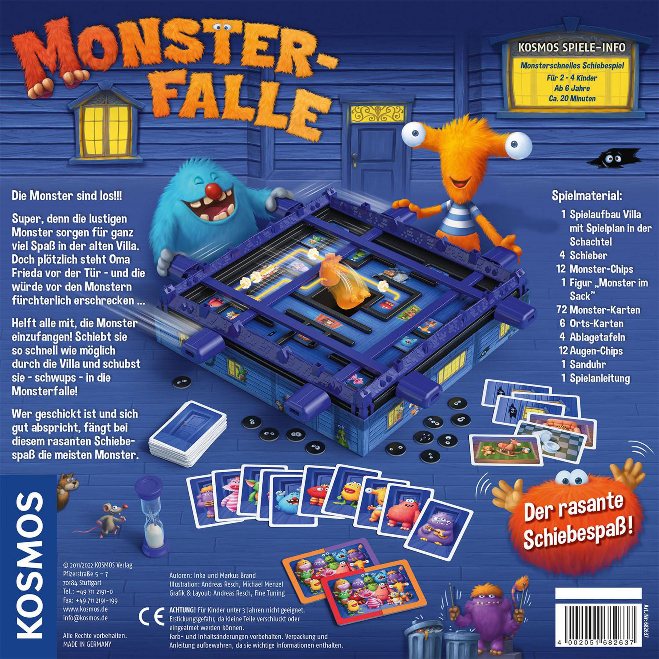 Brettspielbox: Monsterfalle. Cartoon-Monster, Spielbrett, Karten und Anweisungen.