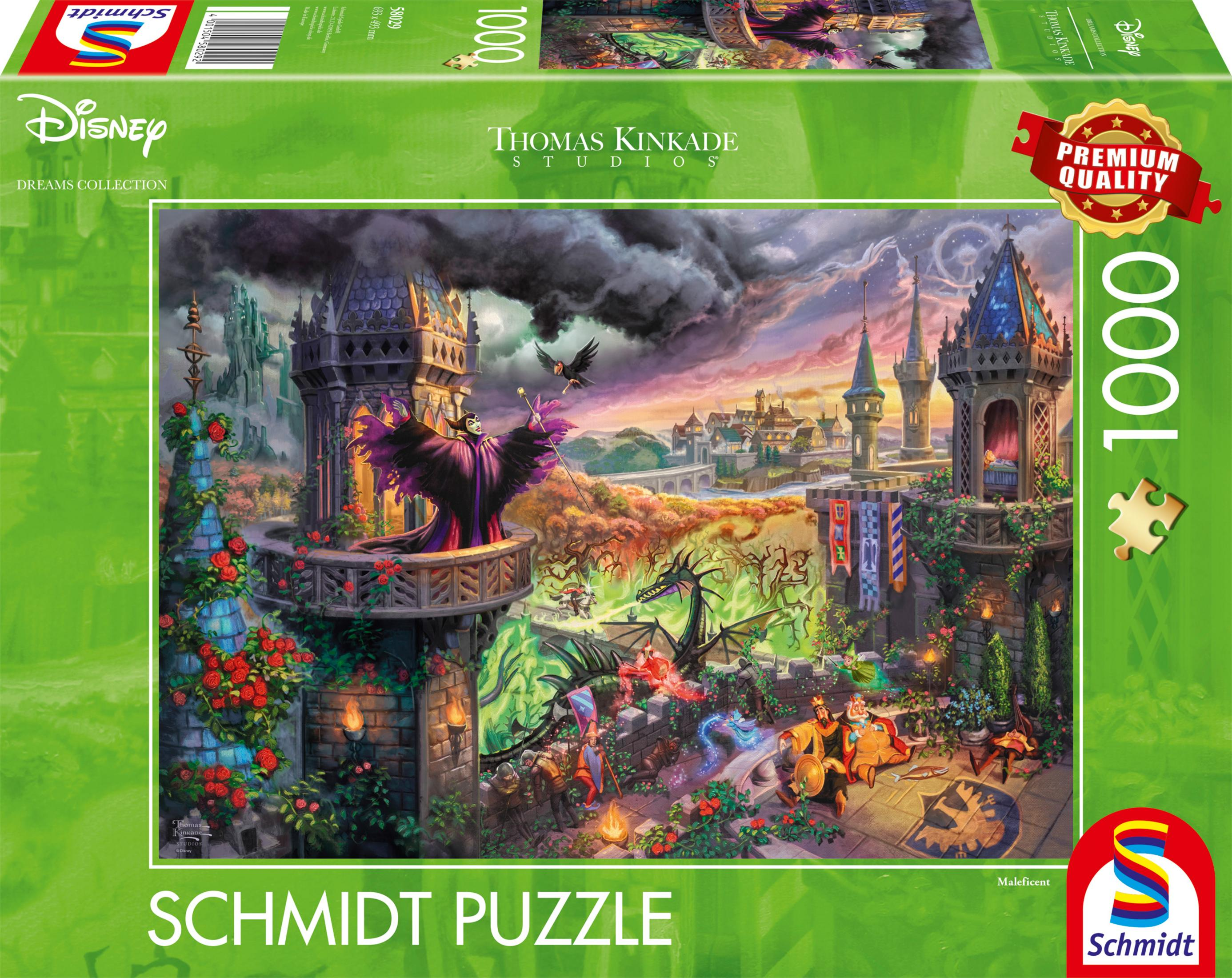 Eine Disney-Puzzledose mit einer Schlossszene mit Figuren und Drachen.