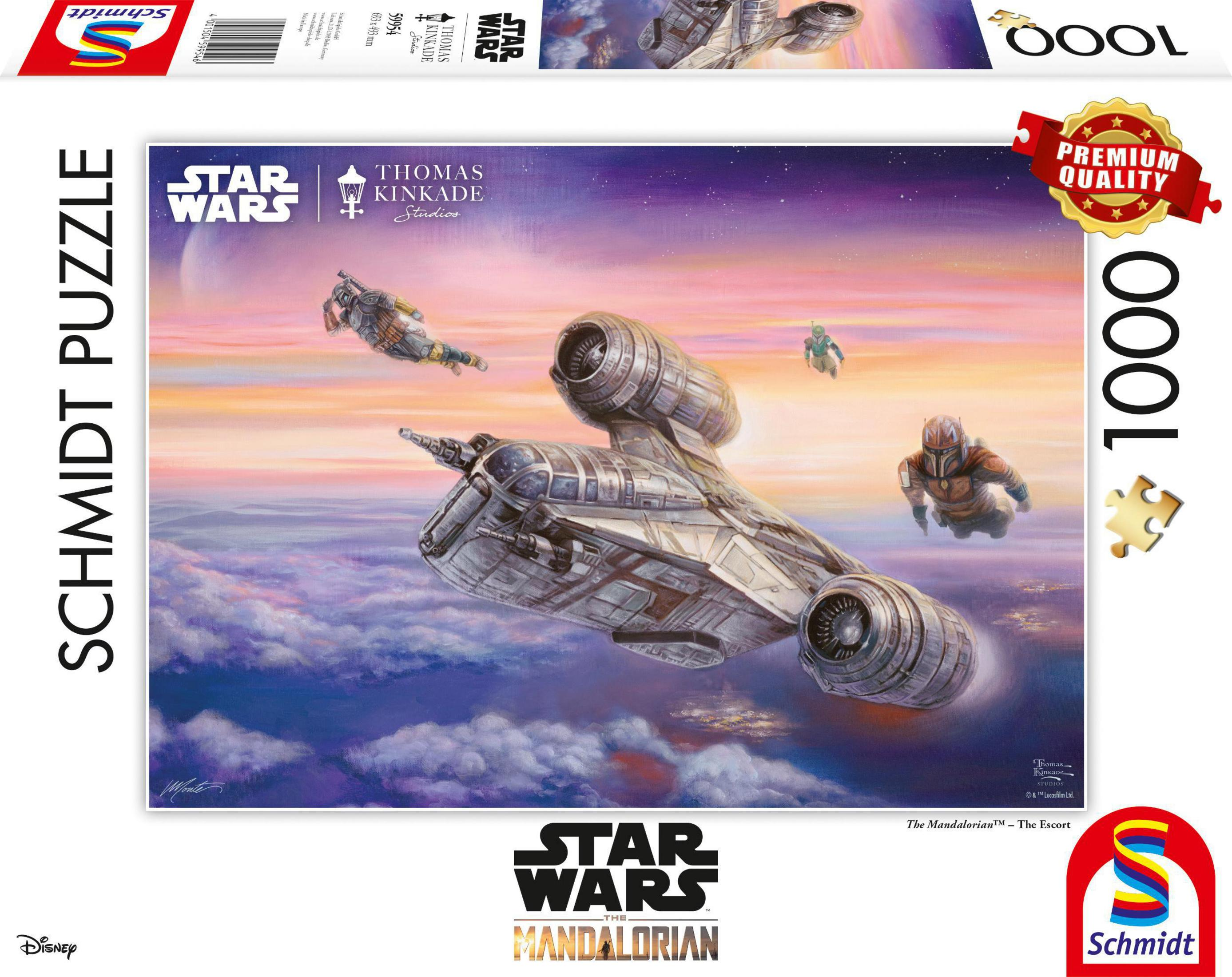 Puzzle Star Wars z latającym statkiem, postaciami na niebie i 1000 elementami.