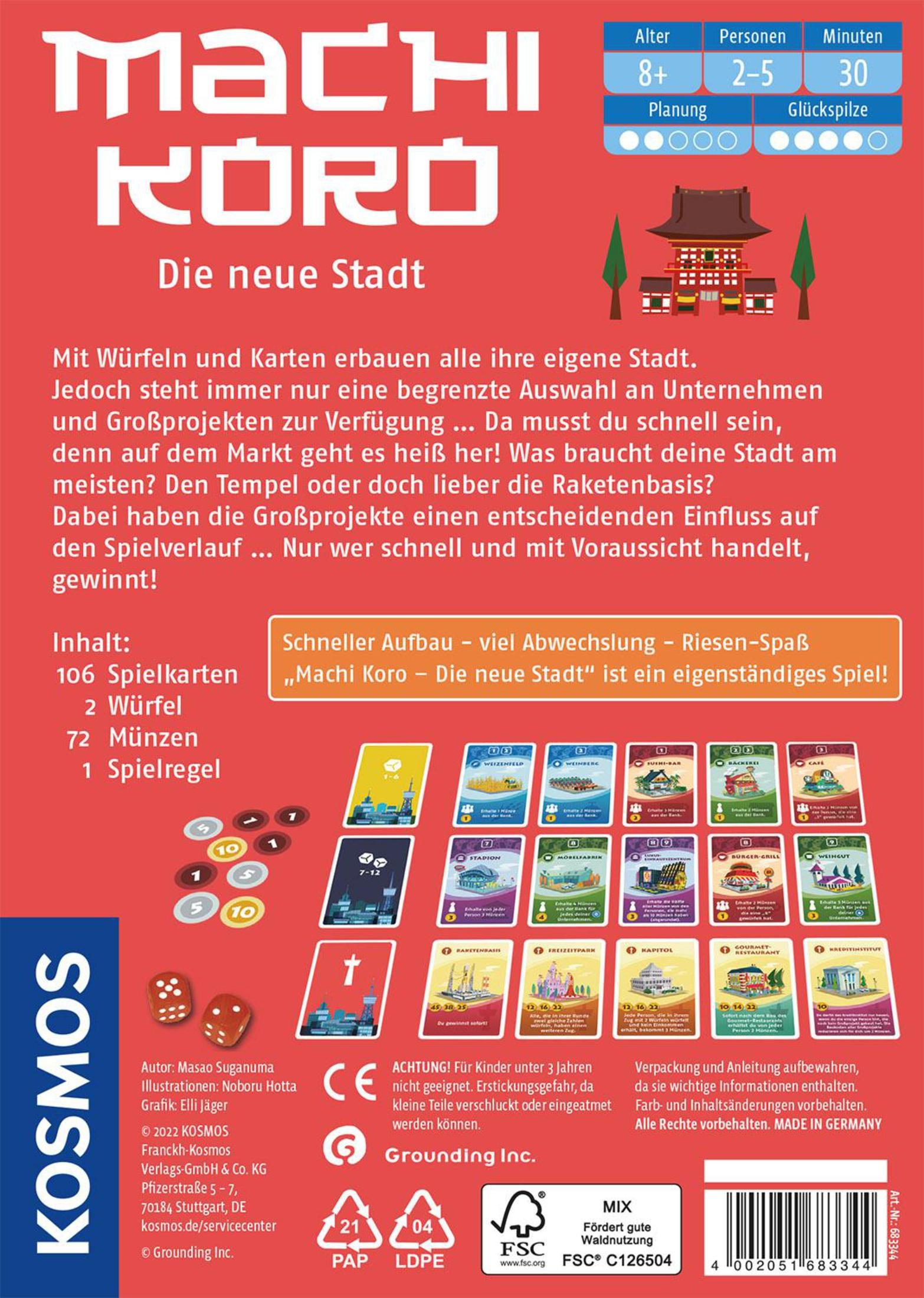 Die Rückseite einer Brettspielbox. Es gibt Spielkarten, Würfel und Details zum Spiel.
