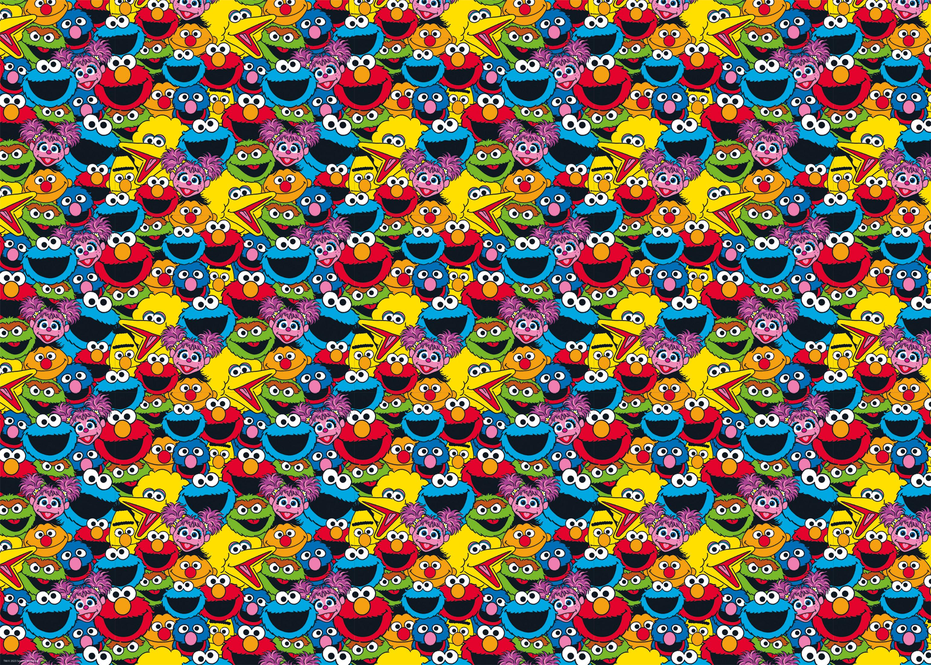Buntes Muster mit Cartoon-Gesichtern von Elmo und anderen Sesamstraßen-Figuren.