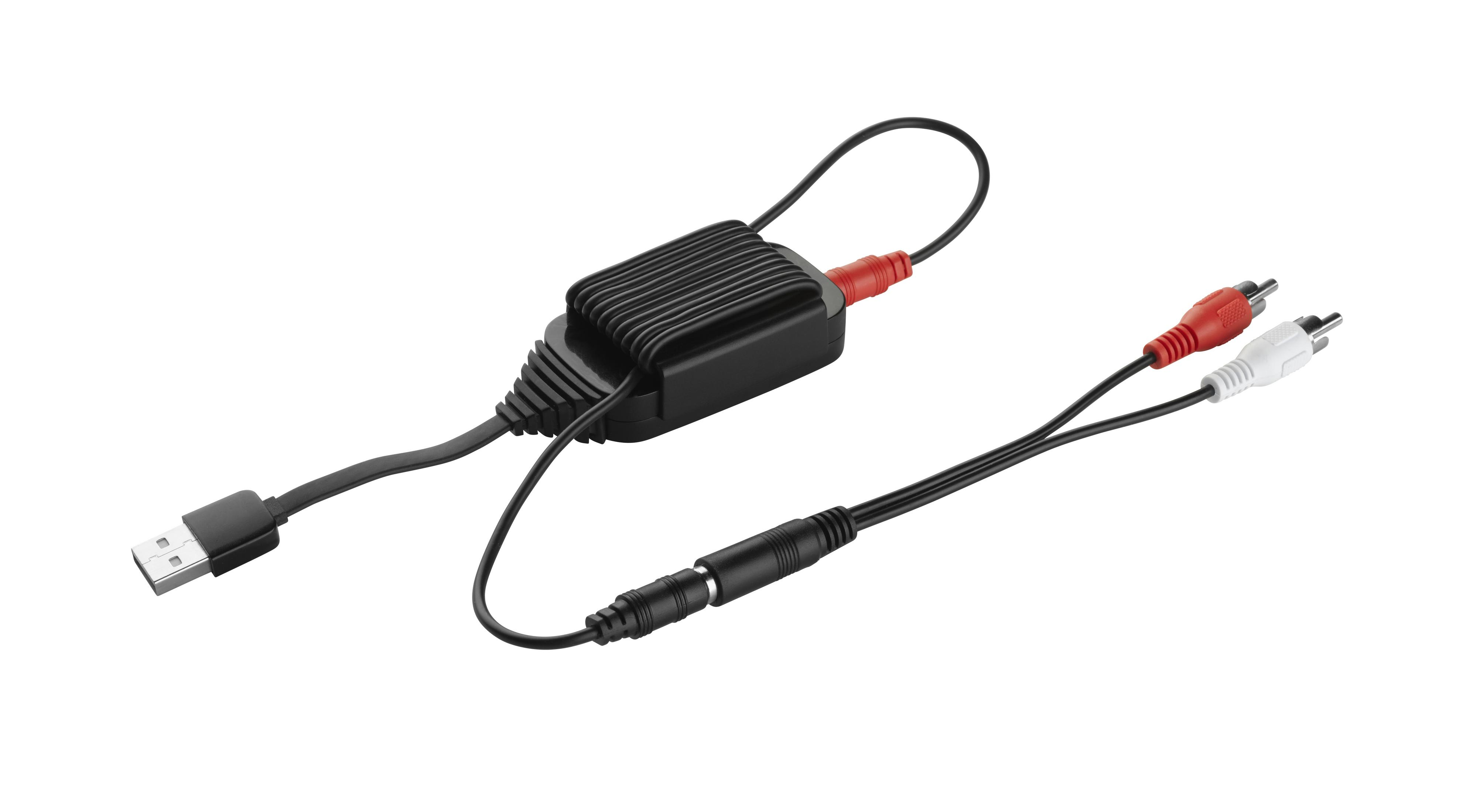 Un adaptador negro con cables RCA rojo y blanco, un enchufe USB y un cable negro.