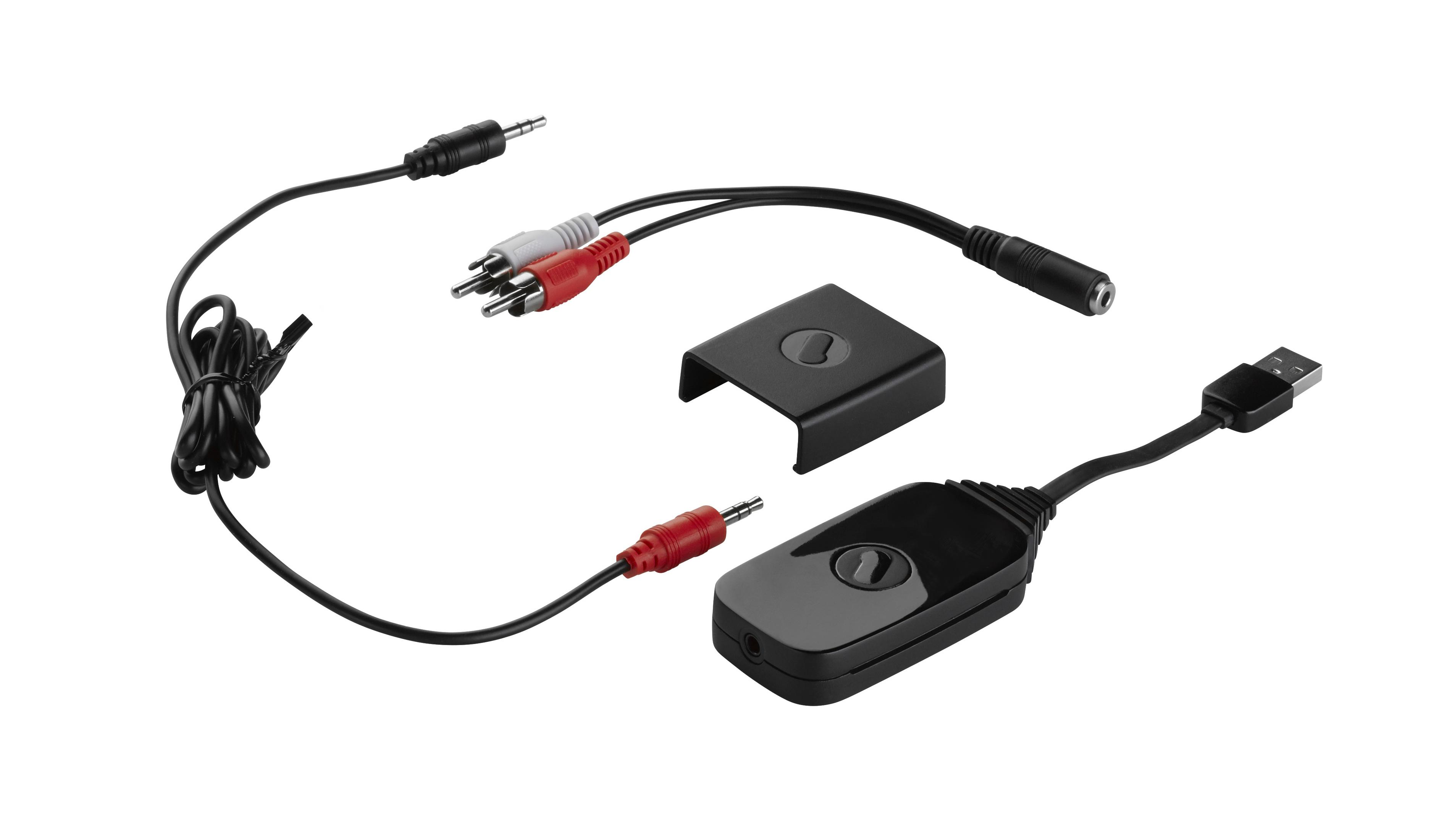Juego de cables de audio y conectores sobre fondo blanco. Detalles negros y rojos.