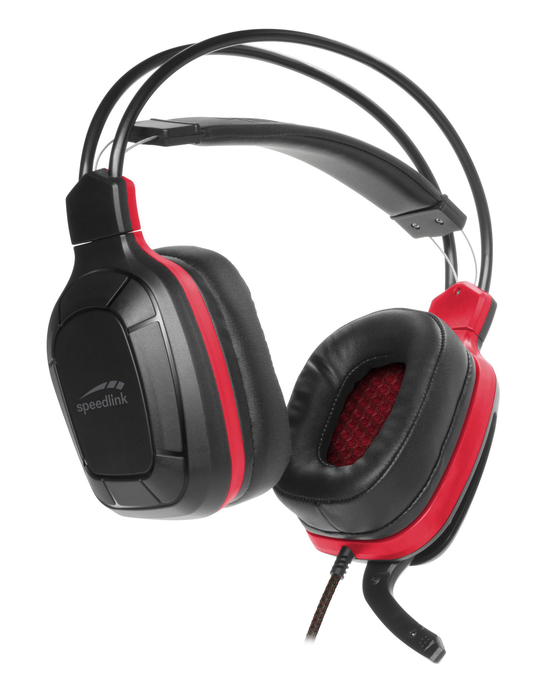 Czarno-czerwony zestaw słuchawkowy dla graczy na białym tle.