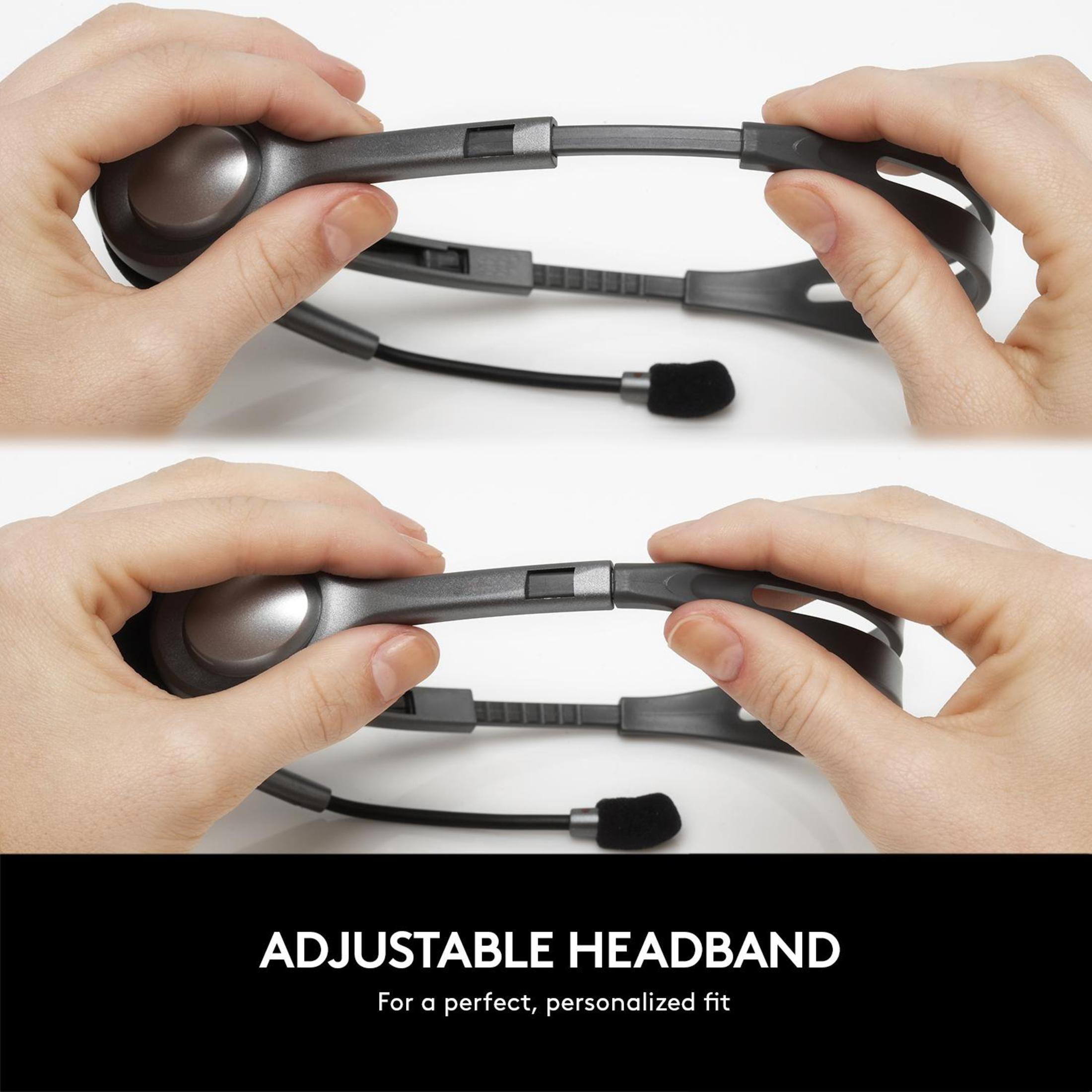 Zwei Hände, die ein Headset einstellen, schwarz und grau.