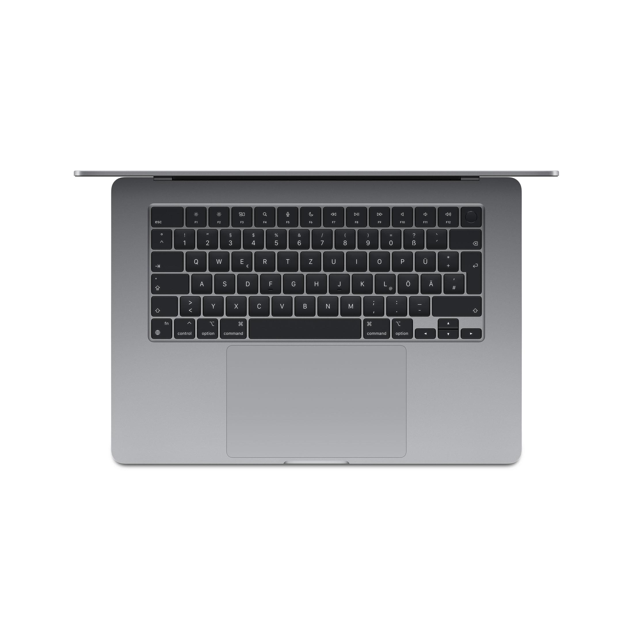 Draufsicht auf eine silberne Laptop-Tastatur, schwarze Tasten, graues Touchpad.