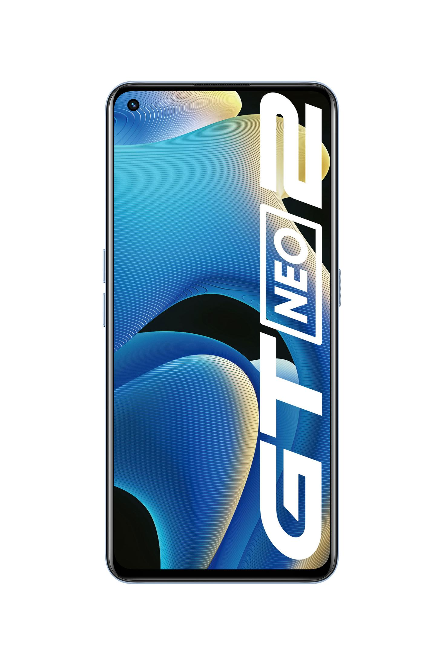 Smartphone mit blau-weißem Bildschirm, schwarzem Rahmen und weißem Hintergrund.