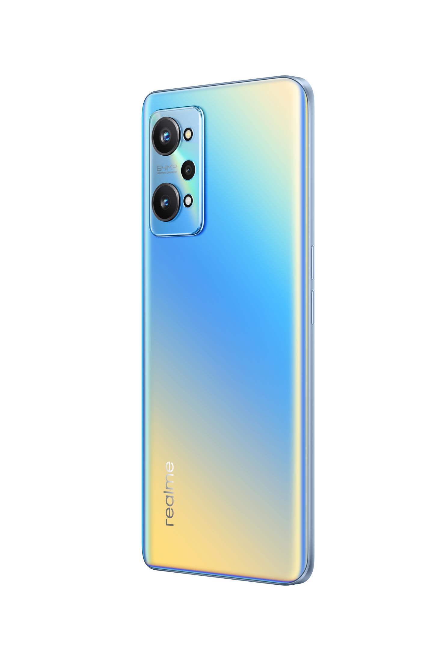Ein Smartphone mit blau-gelbem Farbverlauf auf der Rückseite, mit zwei Kameras.