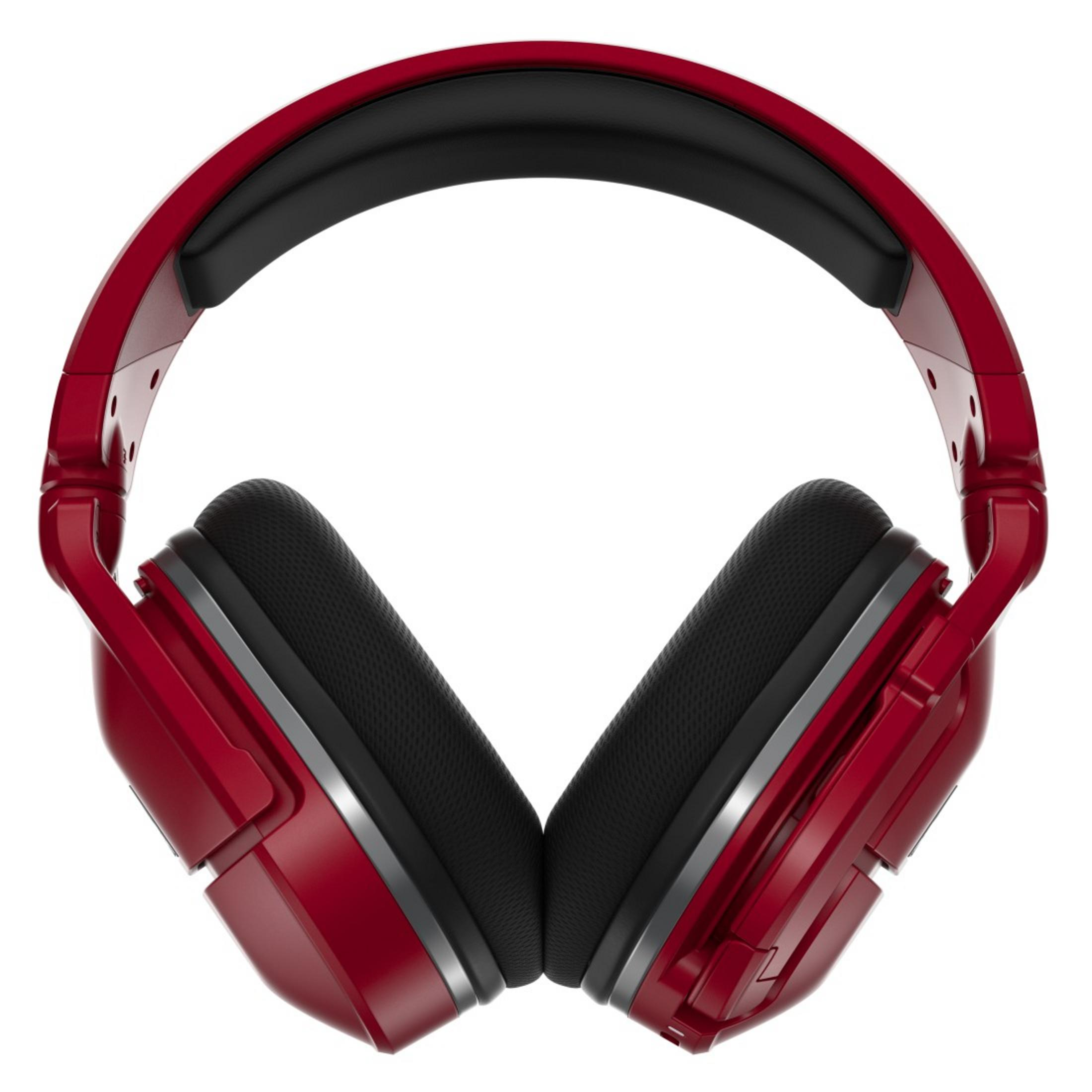 Czerwone słuchawki na białym tle, z czarnymi poduszkami.