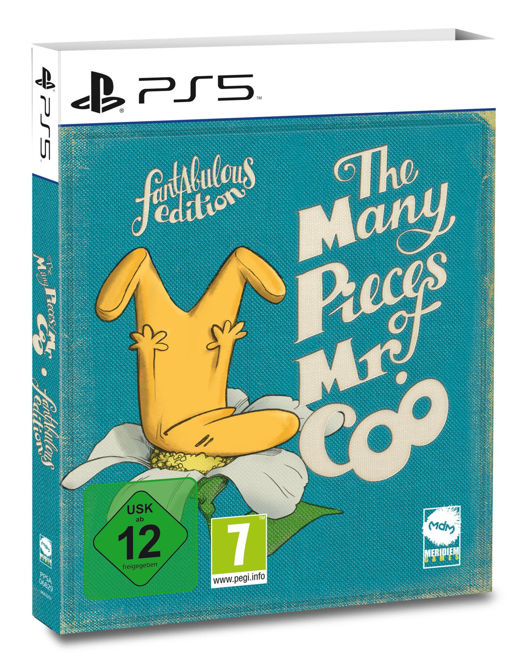 Spielverpackung für 'The Many Pieces of Mr. Coo' auf PS5, USK 12, Pegi 7 bewertet.