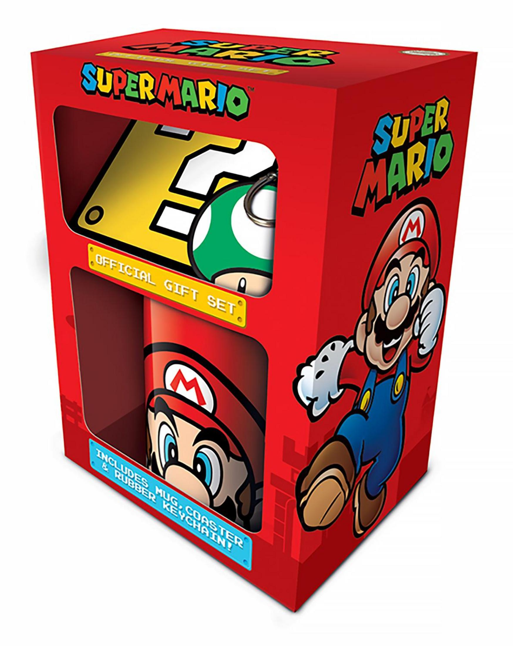 Caja de regalo de Super Mario con taza, posavasos y llavero.