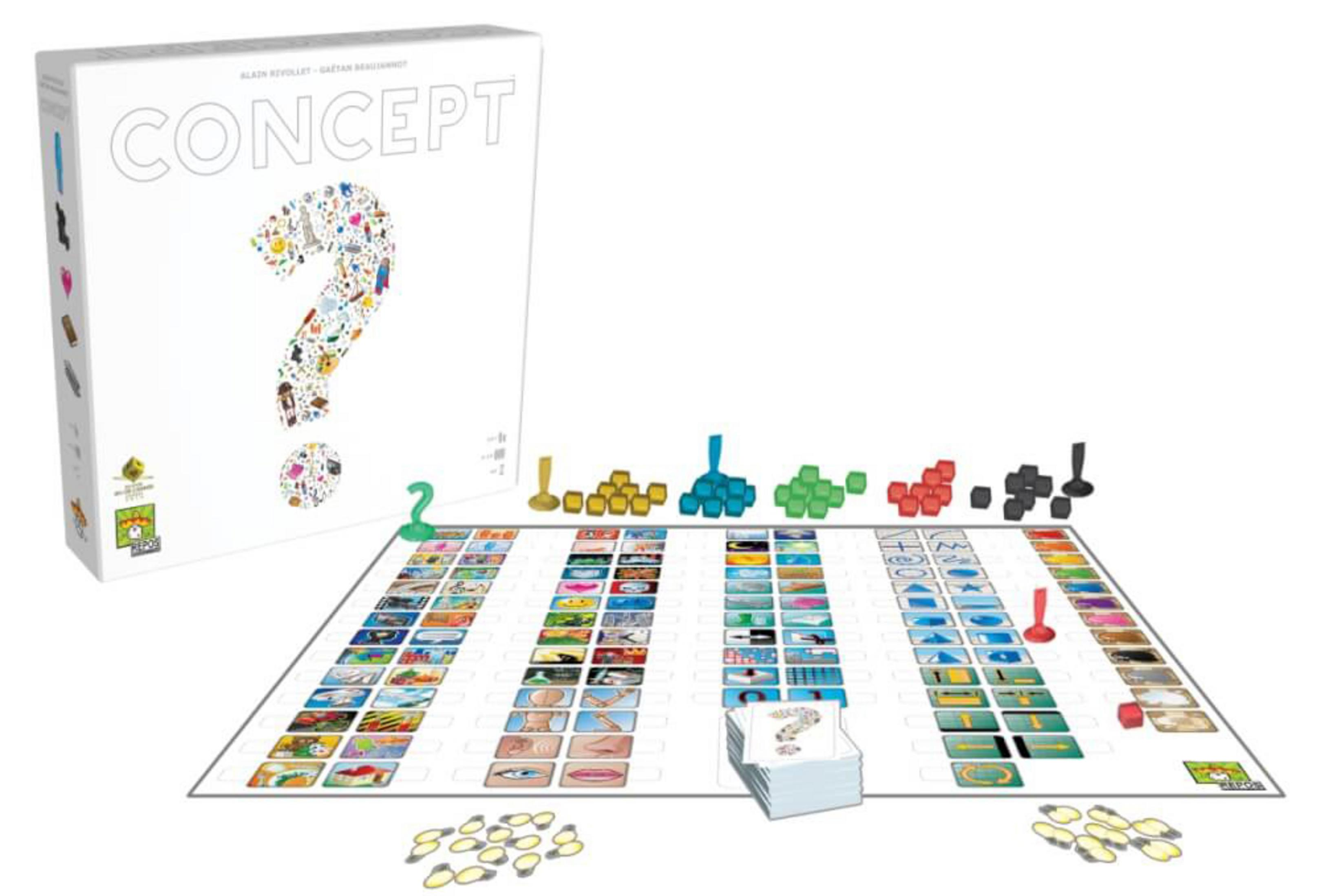 Concept Brettspiel mit einem Fragezeichen auf der Box und Spielsteinen auf dem Brett.