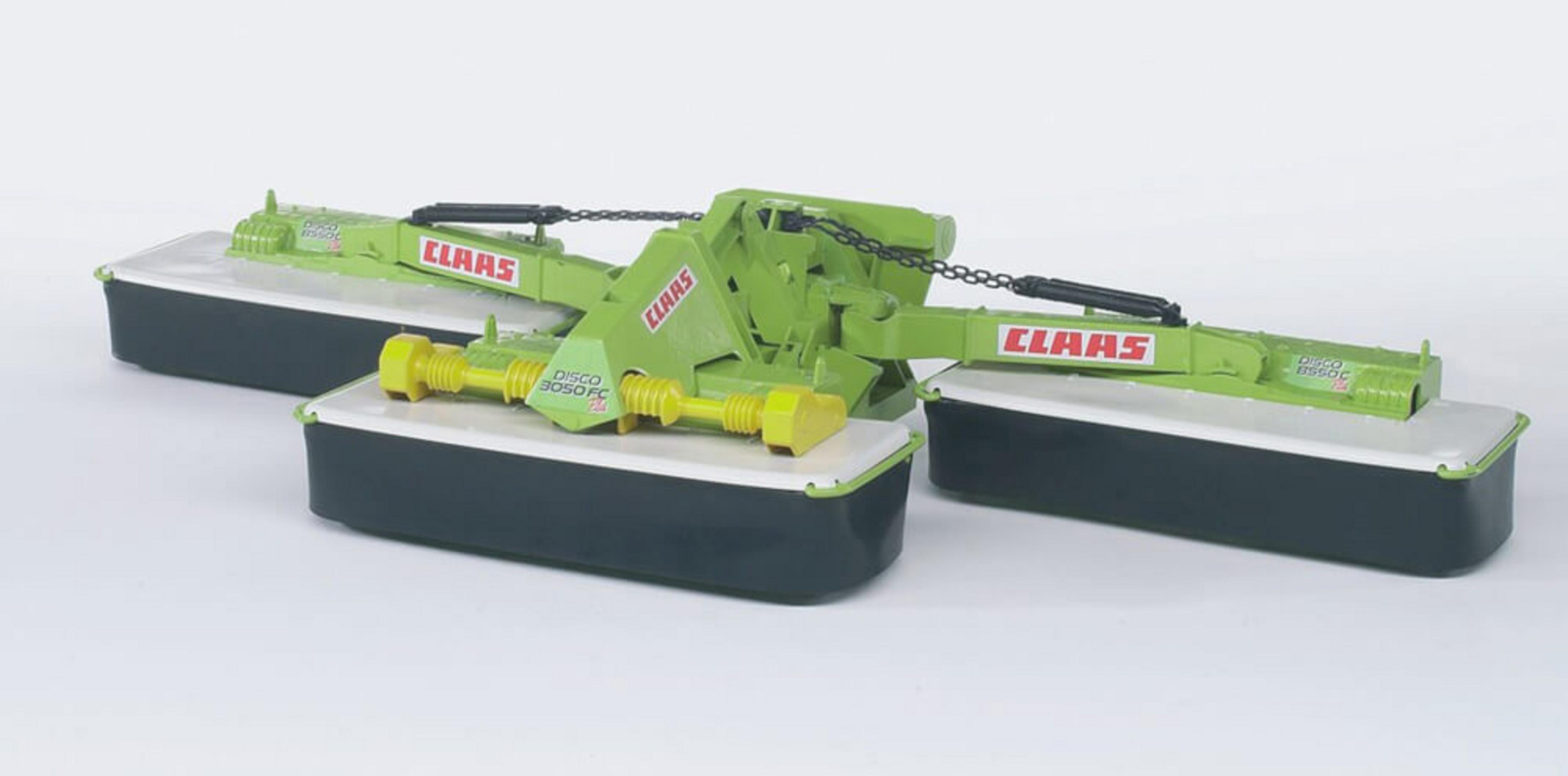 Zielona zabawka-kosiarka z trzema sekcjami. Kosiarka ma napis "CLAAS".
