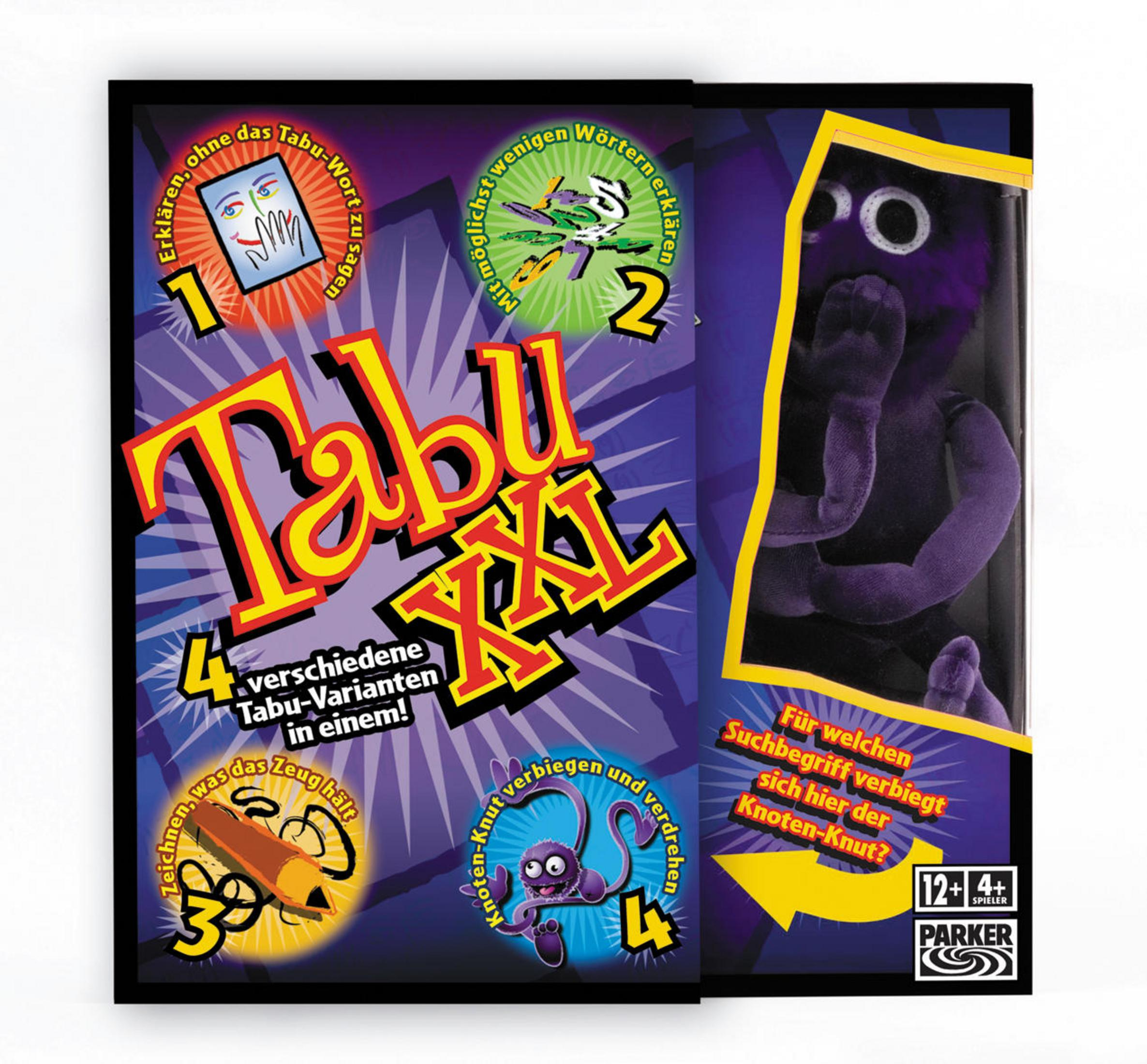 Tabu XXL Spielbox mit Illustrationen und einer lila Figur rechts.
