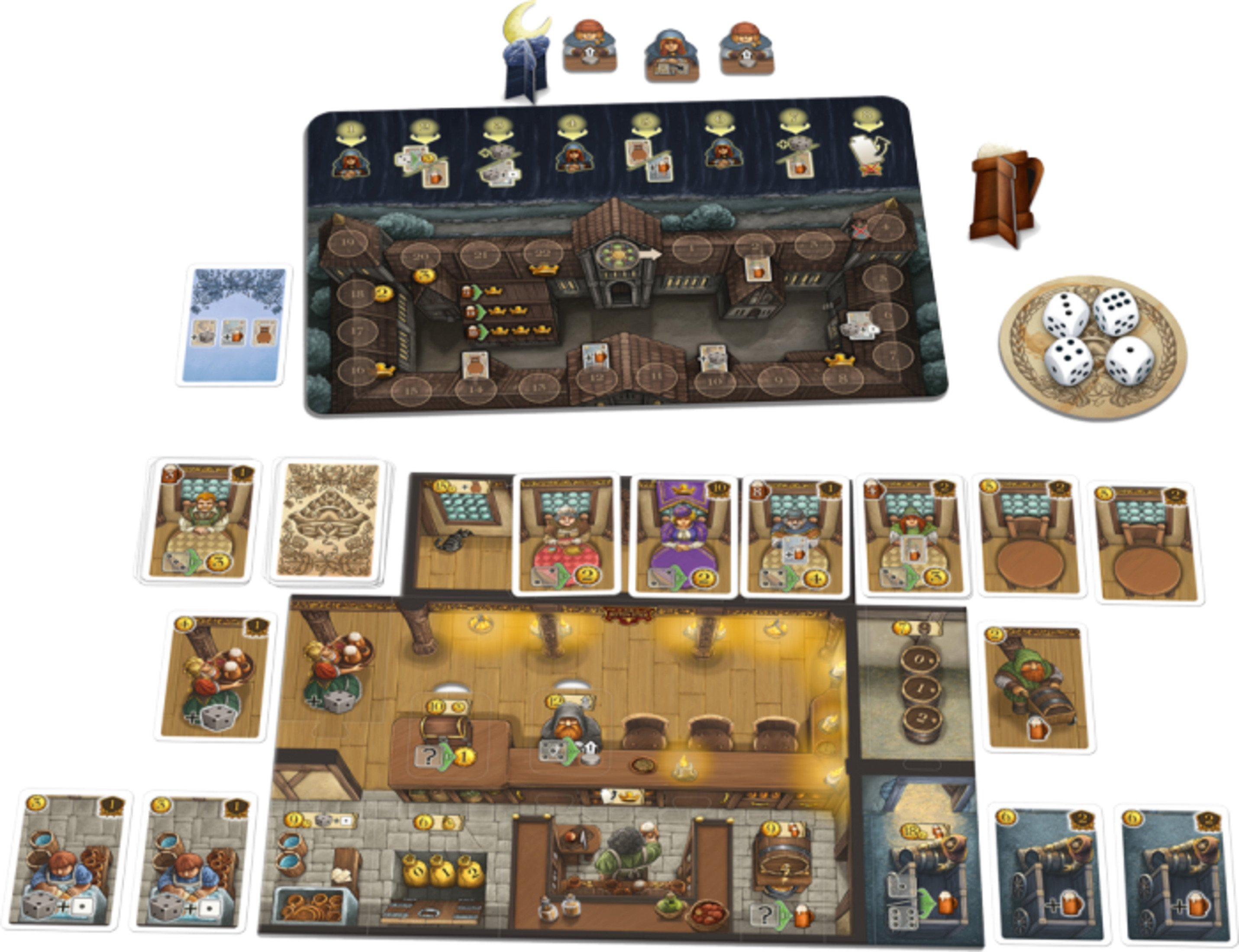 Brettspiel mit Karten, Würfeln und Figuren auf einer Spielfläche angeordnet.