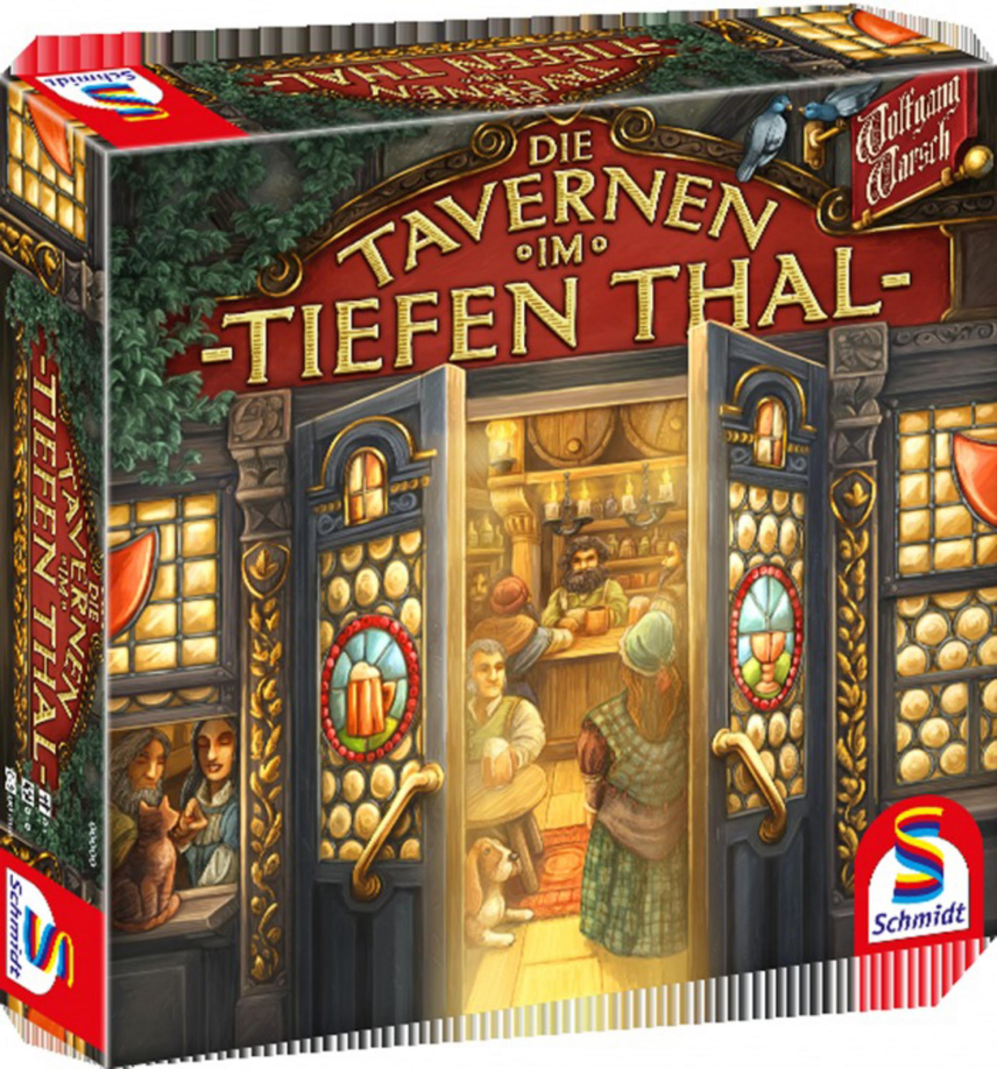 Schachtel eines Brettspiels. Es zeigt eine Tavernen-Szene. Eine Frau und ein Hund stehen an der offenen Tür.