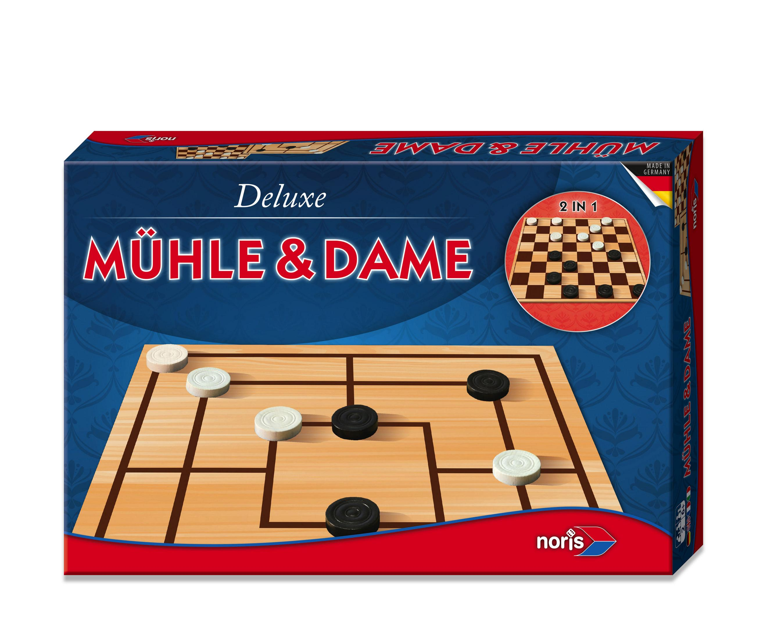 Eine Brettspielbox mit dem Titel Mühle & Dame und Spielsteinen auf einem Holzbrett.