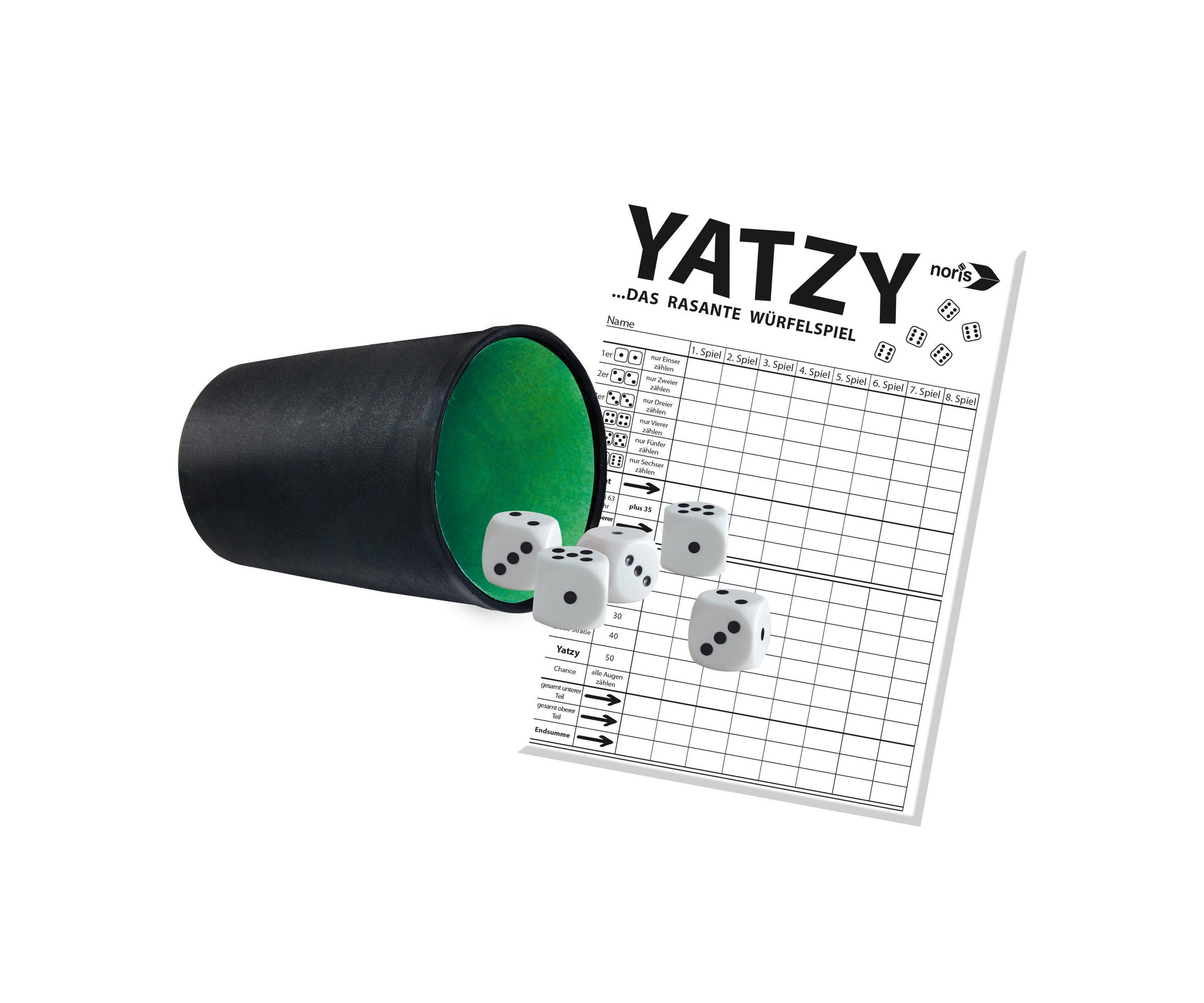 Yatzy-Würfelspiel mit Würfeln, Würfelbecher und Spielzettel auf weißem Hintergrund.