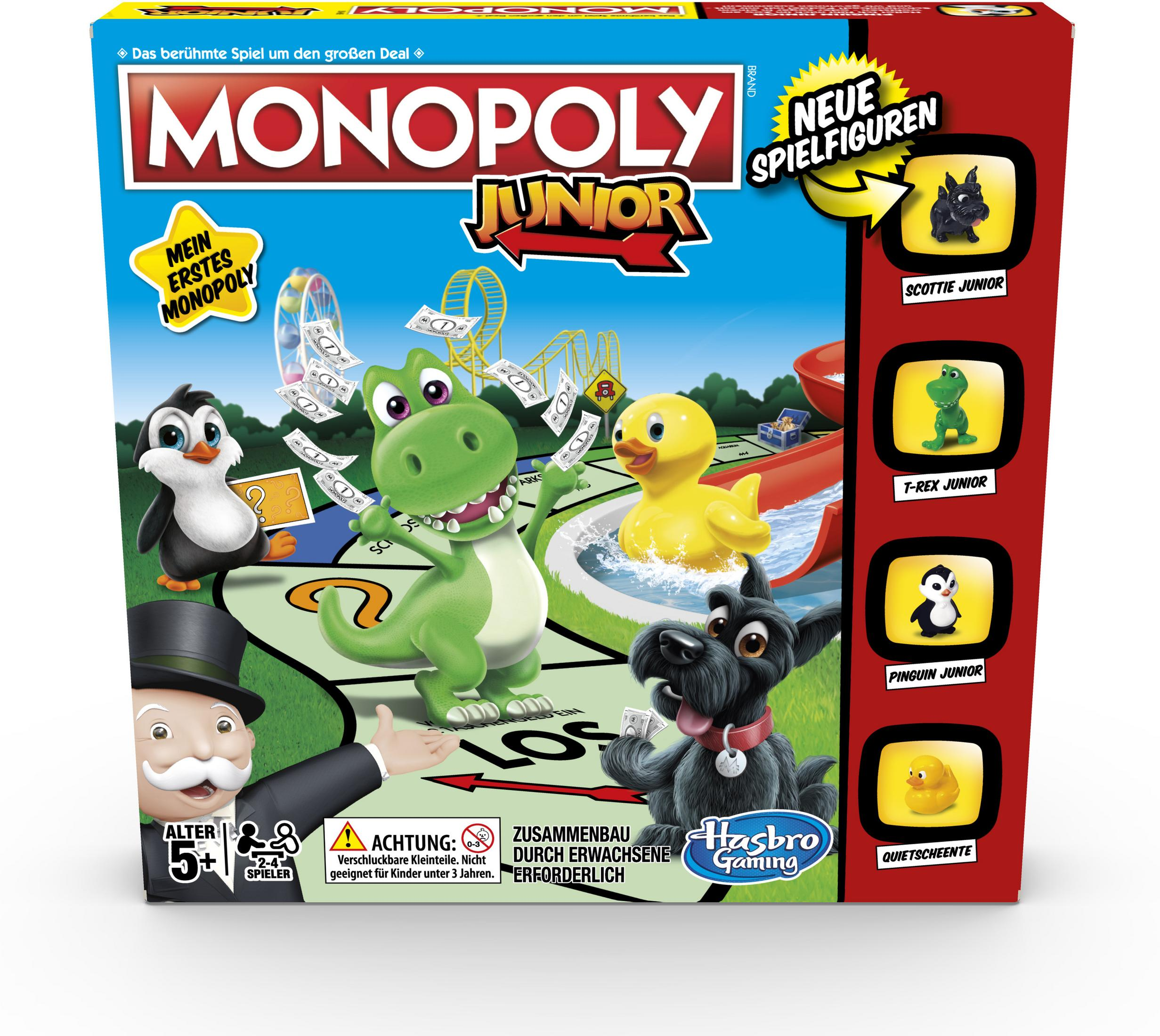 Caja del juego Monopoly Junior. Incluye tablero, personajes y el logo de Monopoly Junior.
