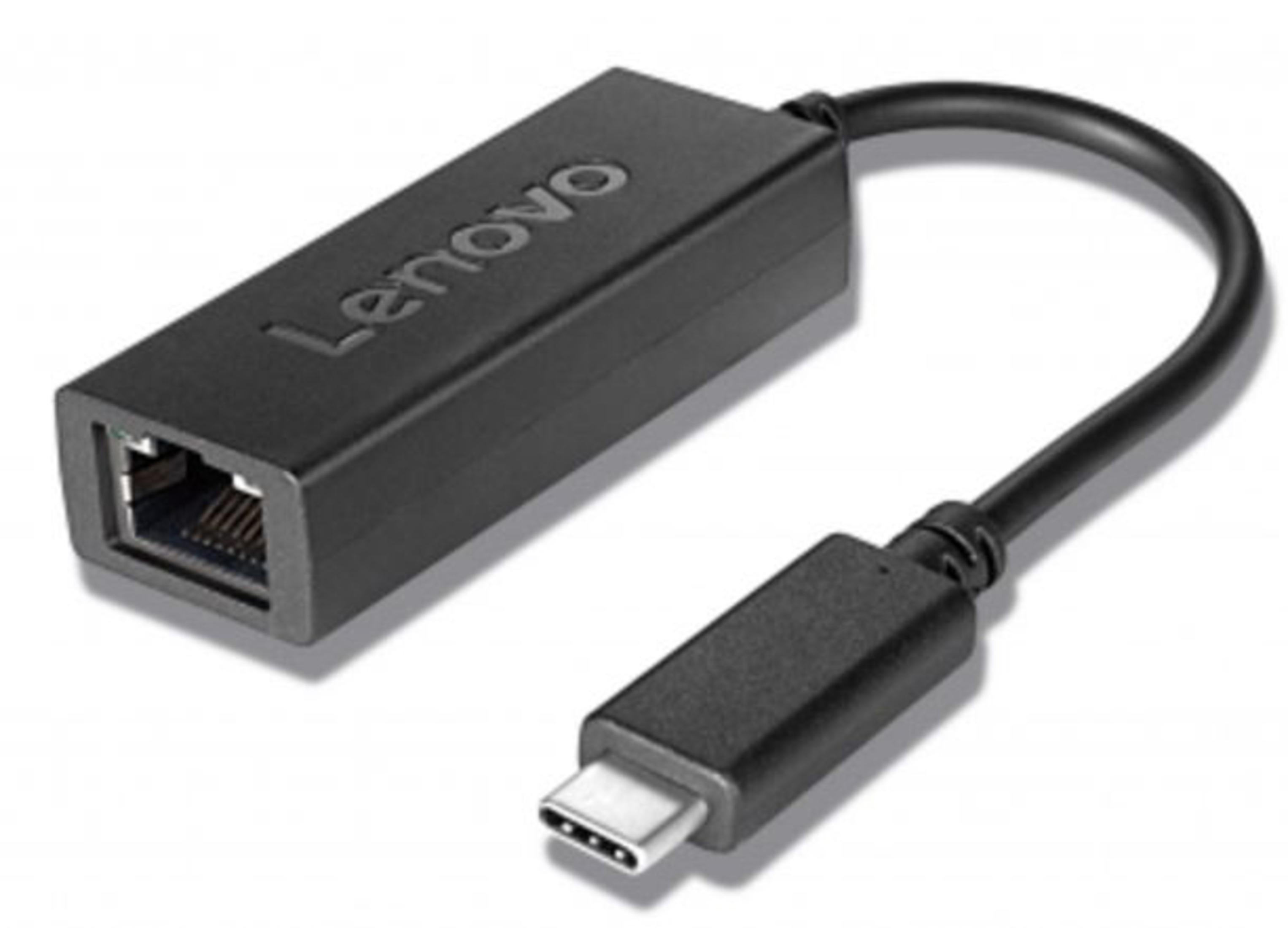 Lenovo USB-C-zu-Ethernet-Adapter, schwarz. Rechteckiger Körper mit 'Lenovo' und Ethernet-Anschluss.
