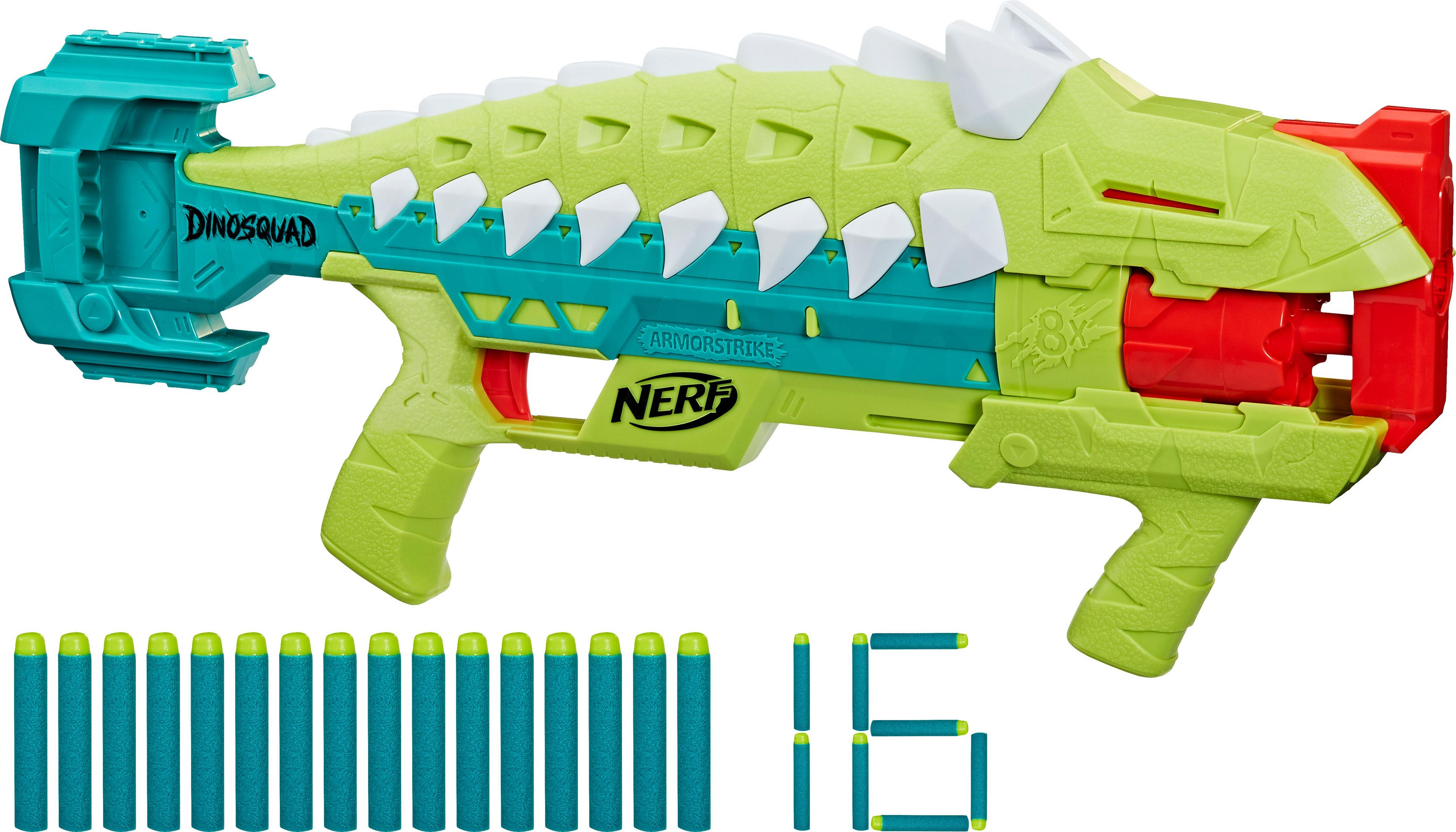 Lanzador Nerf DinoSquad, verde, turquesa y rojo, con dardos y el número 16.