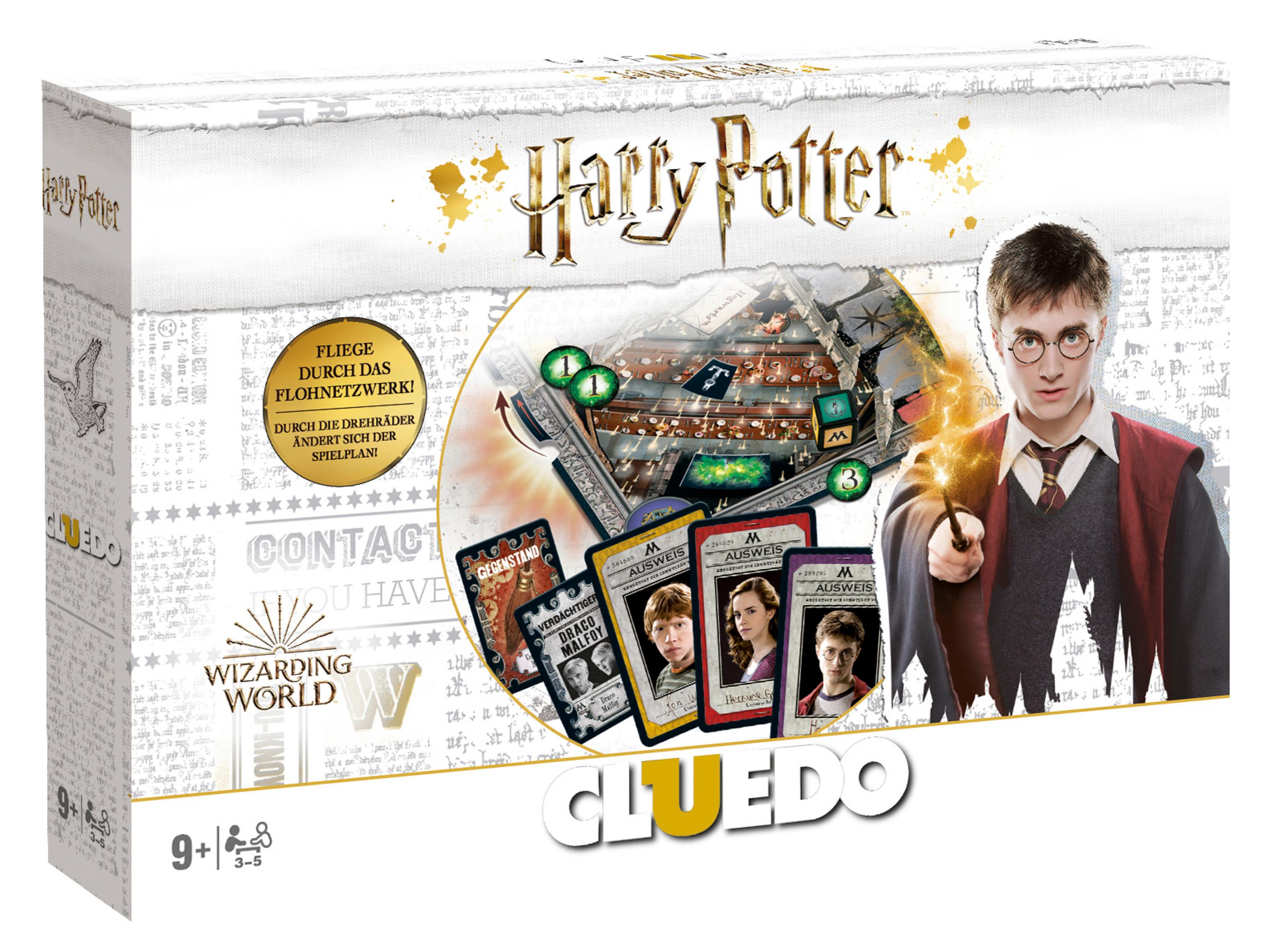 Eine Harry Potter Cluedo Brettspielbox mit Harry, Hermine, Ron und Spielbrett.