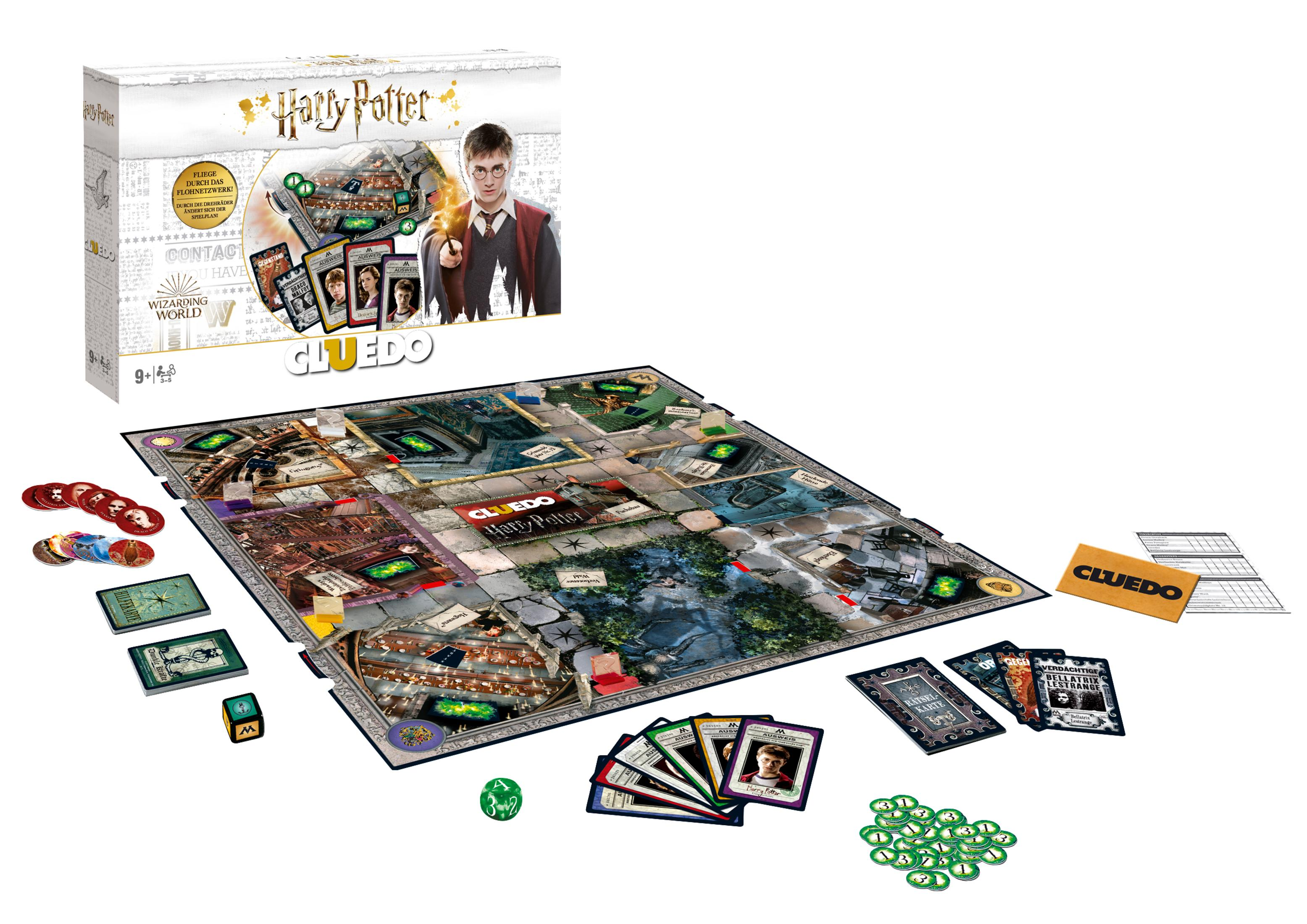 Ein Harry Potter Cluedo Brettspiel-Set mit Spielbrett, Karten, Spielsteinen und Schachtel.