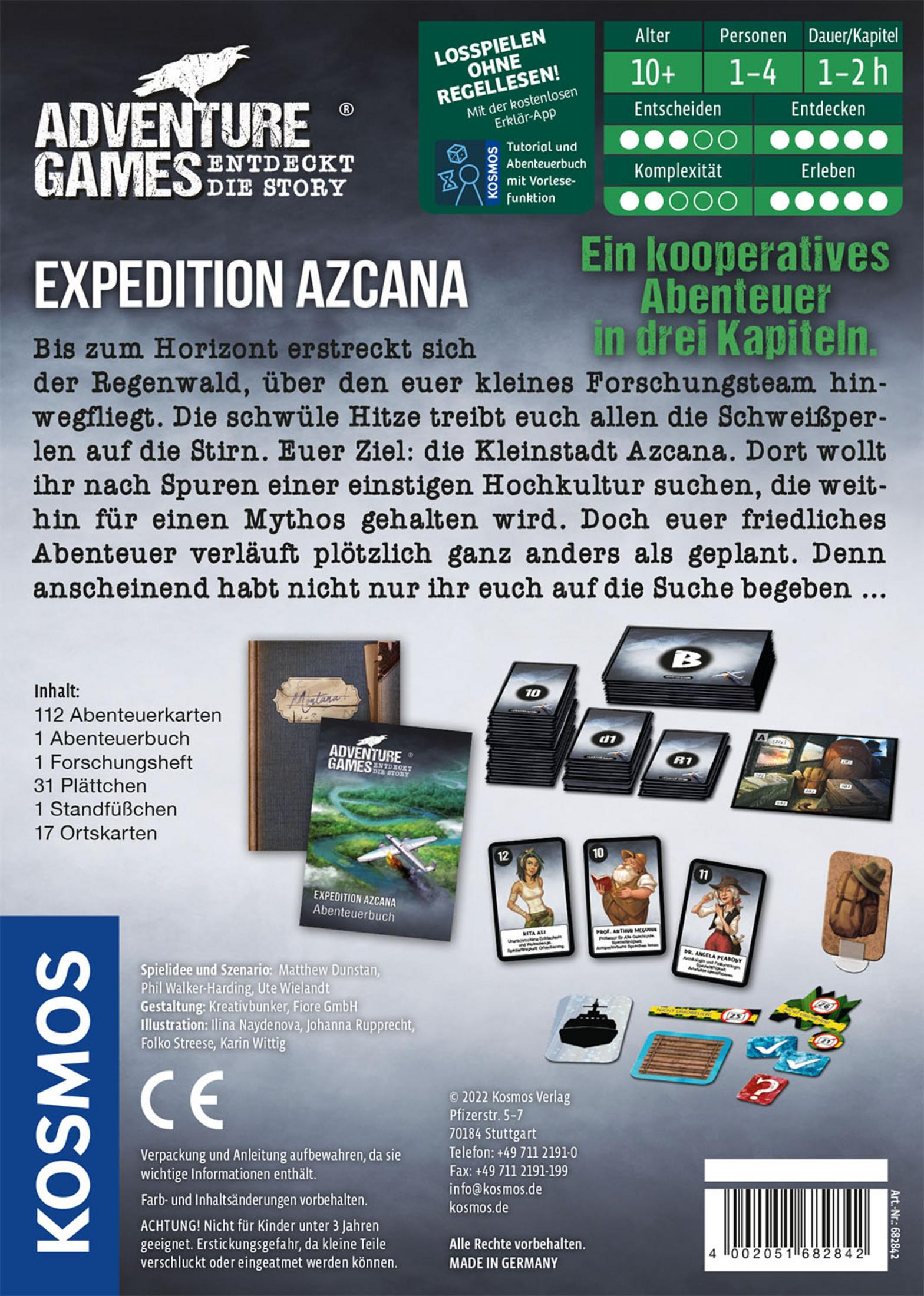 Pudełko gry planszowej: Adventure Games. Expedition Azcana. Biały tekst na ciemnym tle, widoczne elementy gry.