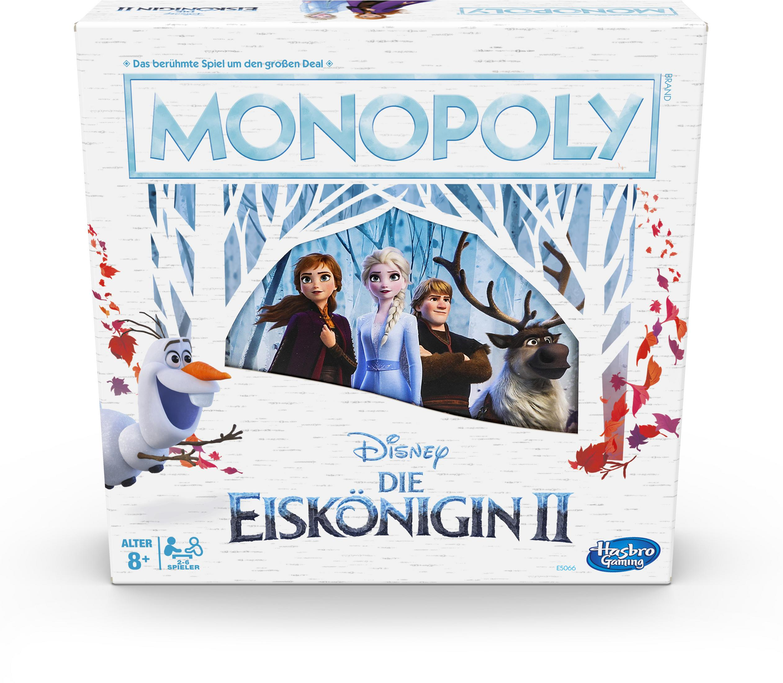 Pudełko gry planszowej Monopoly z postaciami z Krainy Lodu i logo.