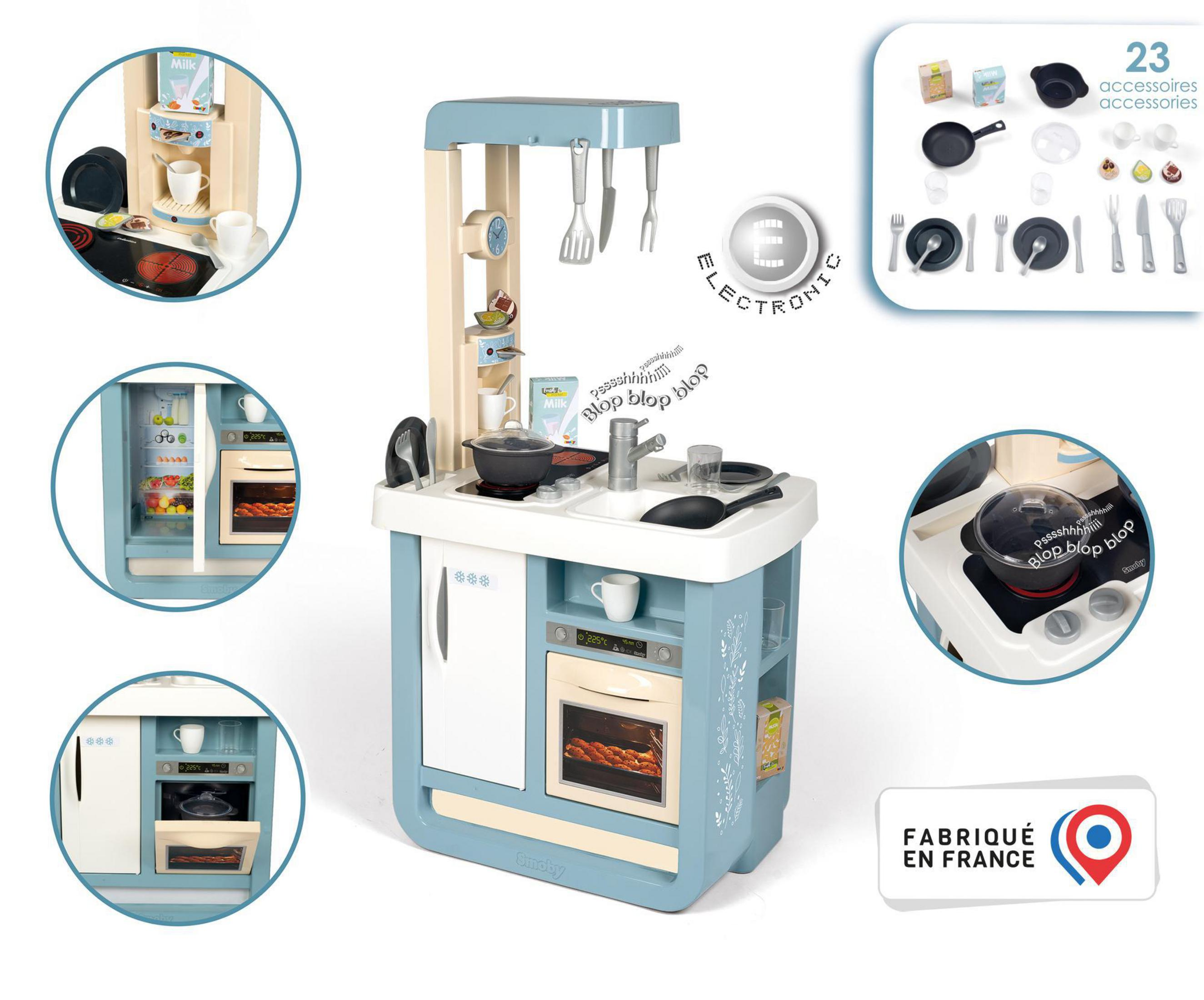 Zabawkowa kuchnia dla dzieci z różnymi akcesoriami i kilkoma zdjęciami wstawionymi, pokazującymi szczegóły.