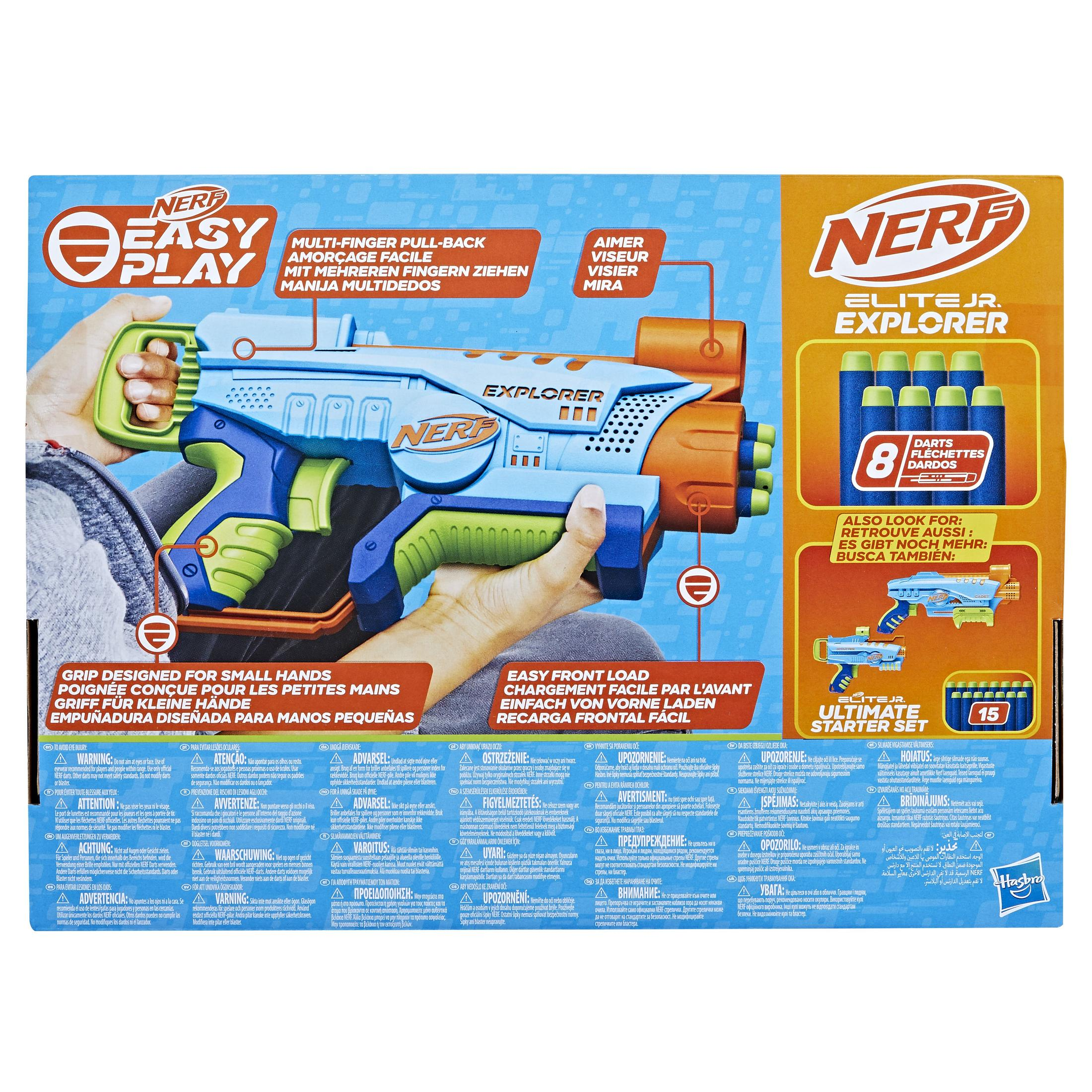 Embalaje de pistola Nerf con pistola, dardos y texto. Principalmente azul y naranja, fondo blanco.