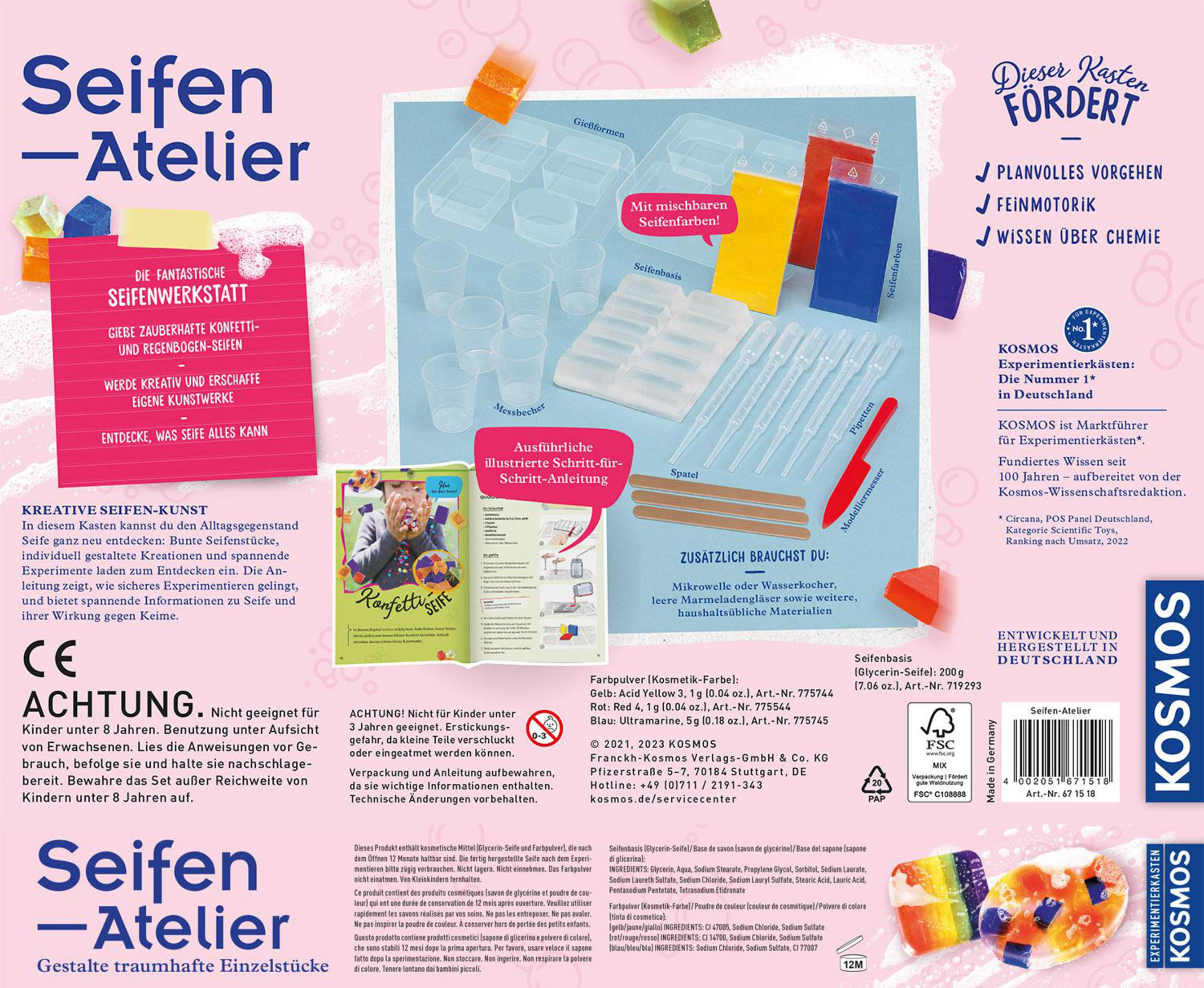 Eine Box mit einem Set zur Seifenherstellung. Die Box hat Bilder von Seife und Anweisungen.