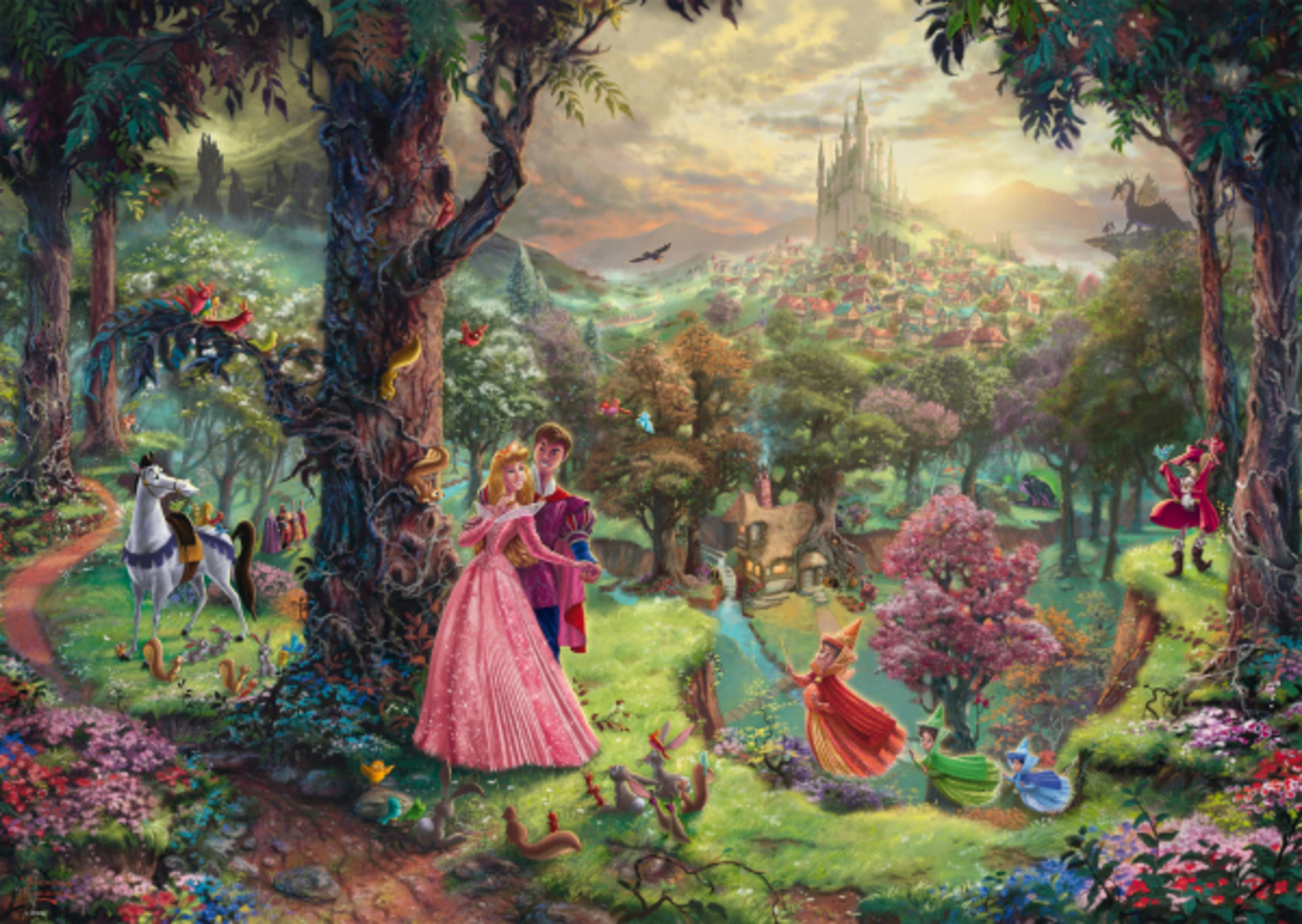 Eine lebendige Illustration von Dornröschen mit Prinz, Feen und einem Schloss in einer Waldkulisse.