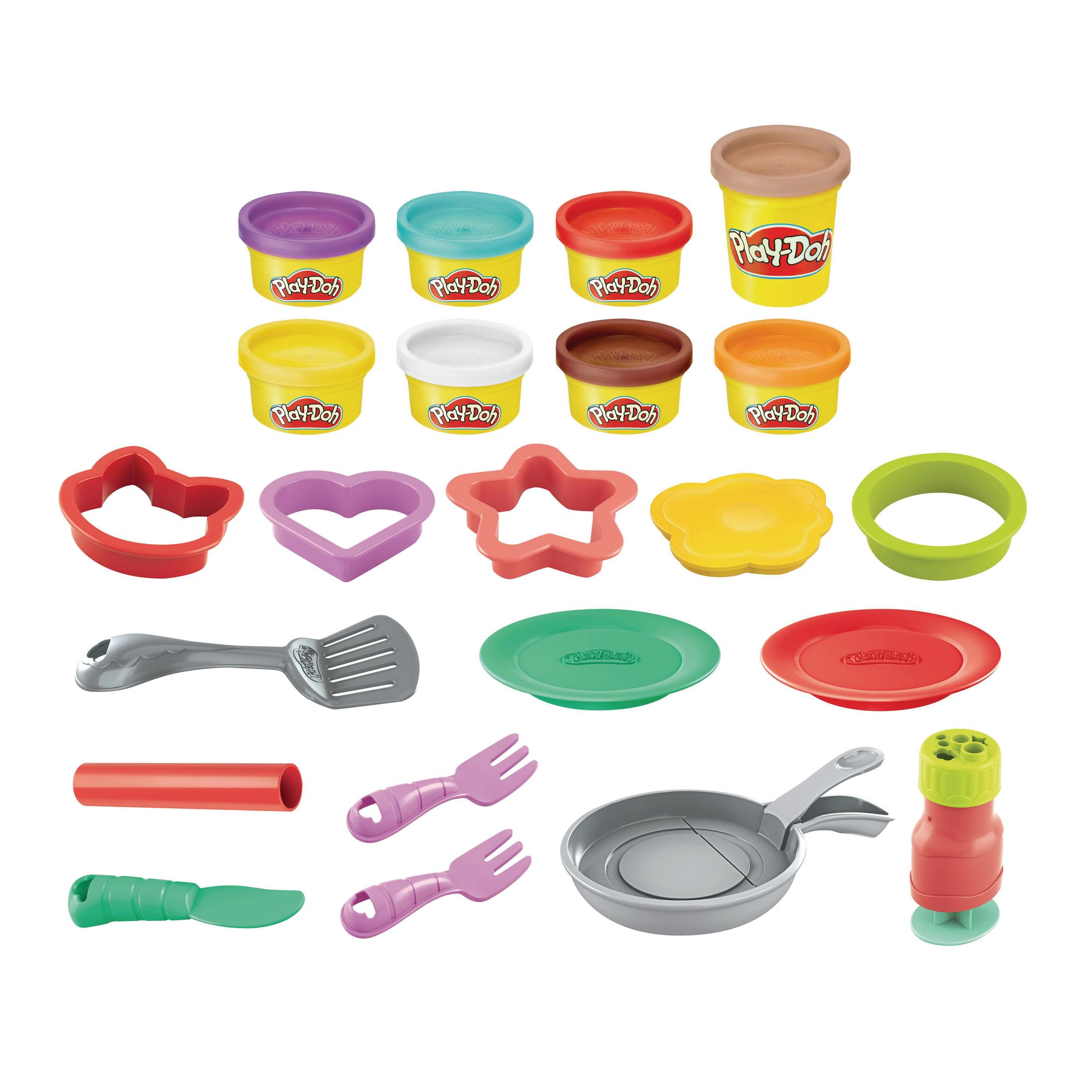 Play-Doh-Set mit verschiedenen Formen, Werkzeugen und bunten Teigbehältern.