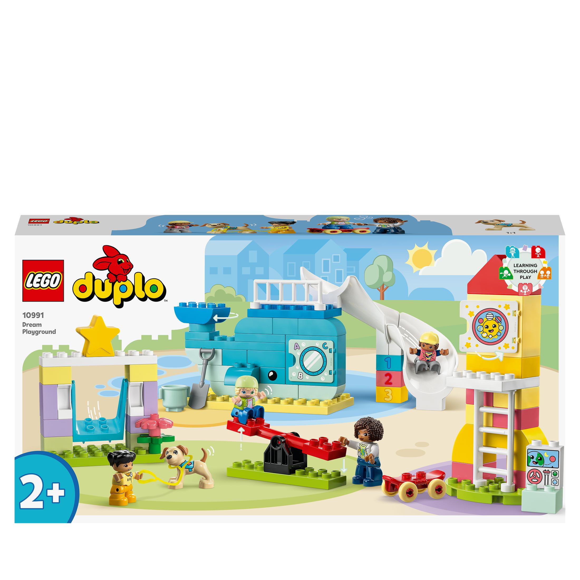 Ein Lego Duplo-Set. Es zeigt einen Spielplatz mit Rutsche, Schaukel und anderen Spielstrukturen.