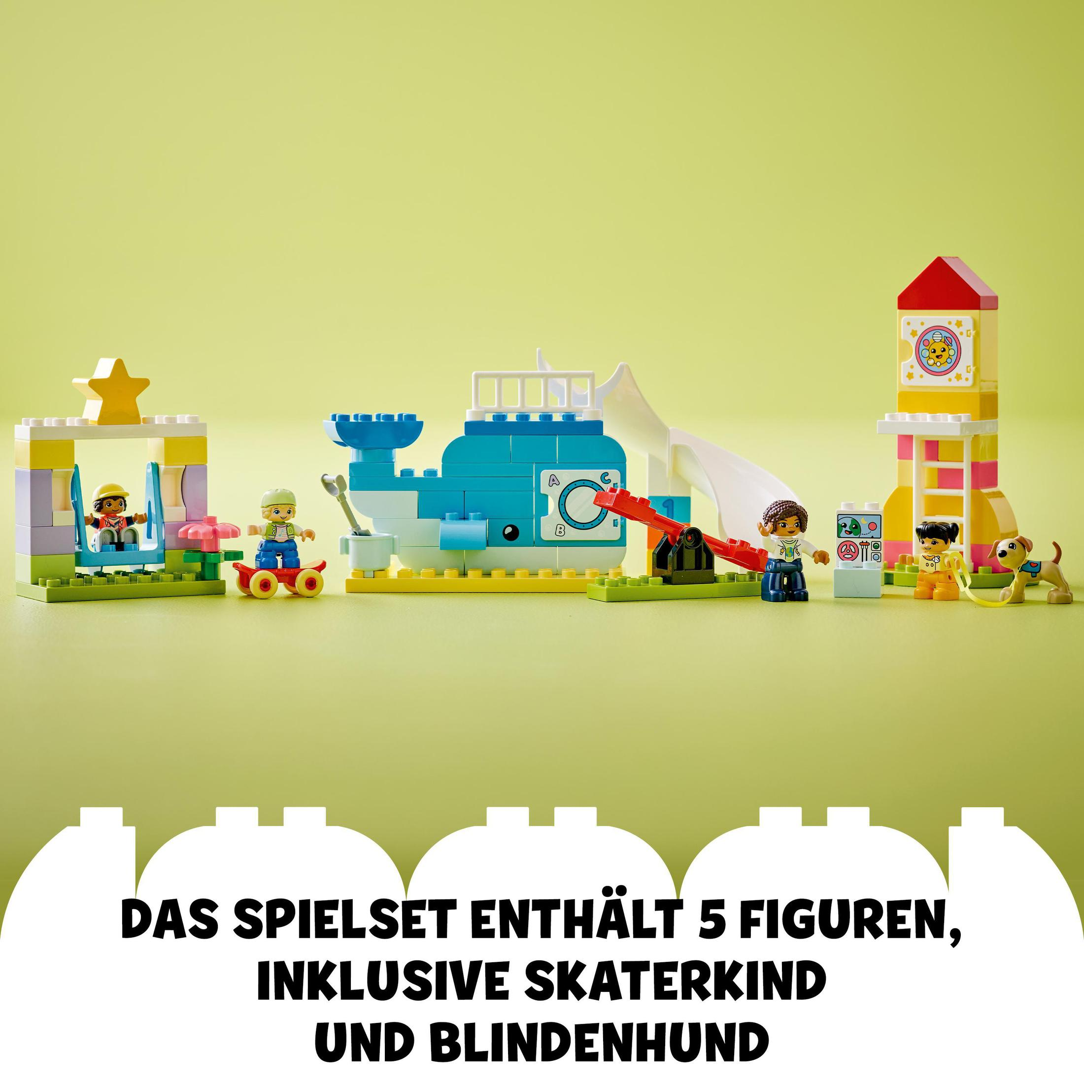 Ein farbenfrohes Lego-Set mit Spielplatzelementen, einschließlich Figuren und Hund.