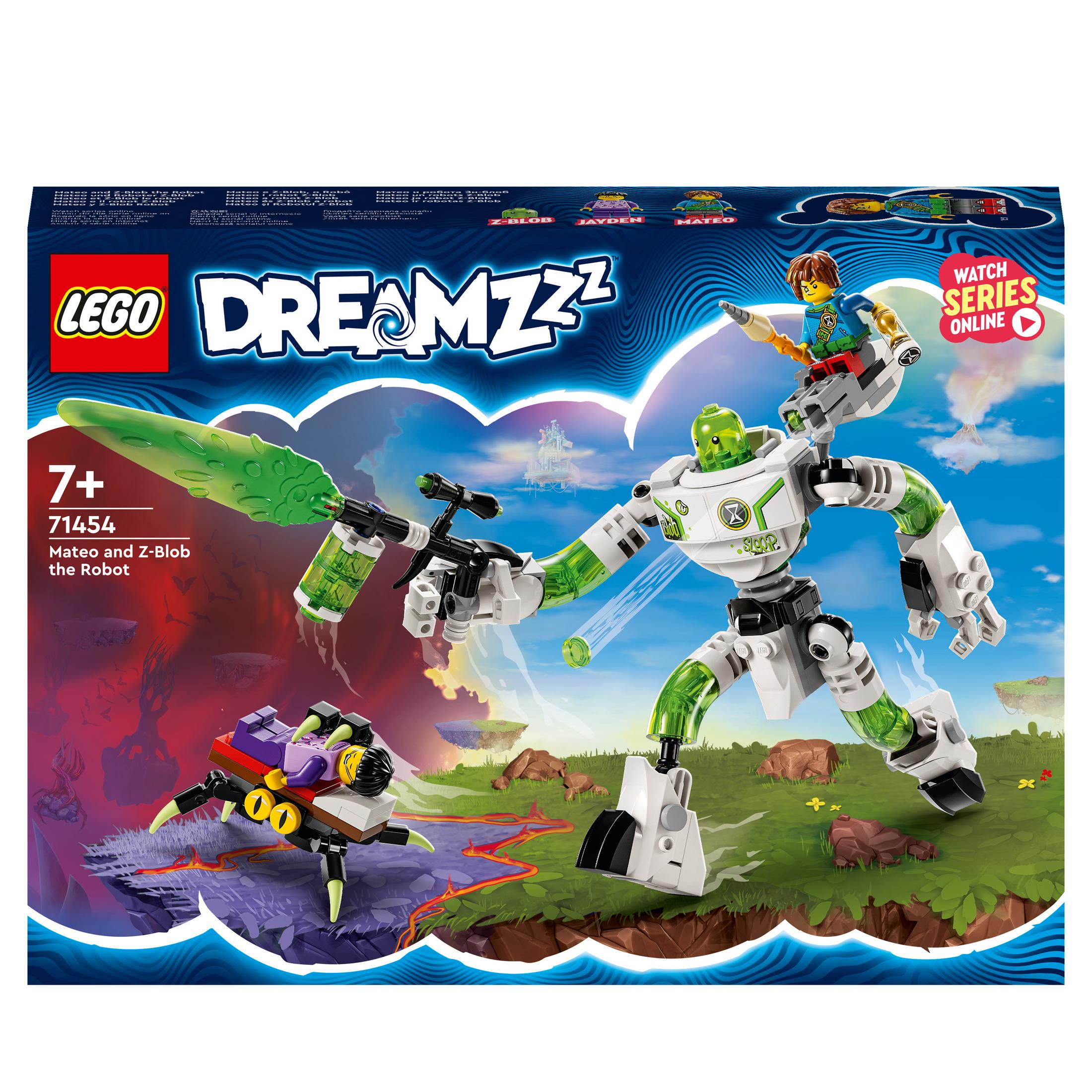 La scatola Lego Dreamzzz mostra un robot e una creatura, con un ragazzo che cavalca il robot su un paesaggio colorato.