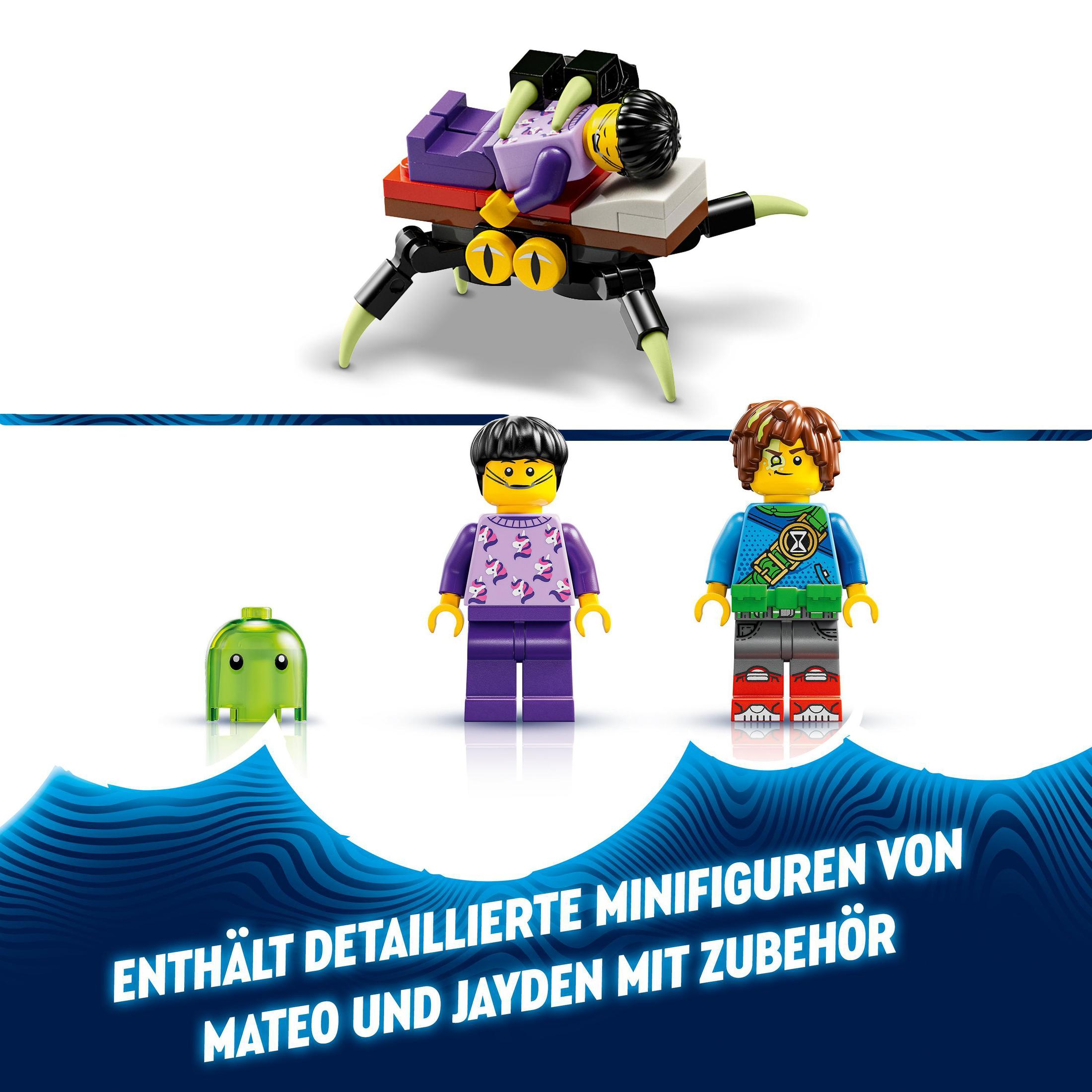 Set Lego che mostra due personaggi Lego e un ragno Lego. Il testo recita: Contiene minifigure dettagliate di Mateo e Jayden.