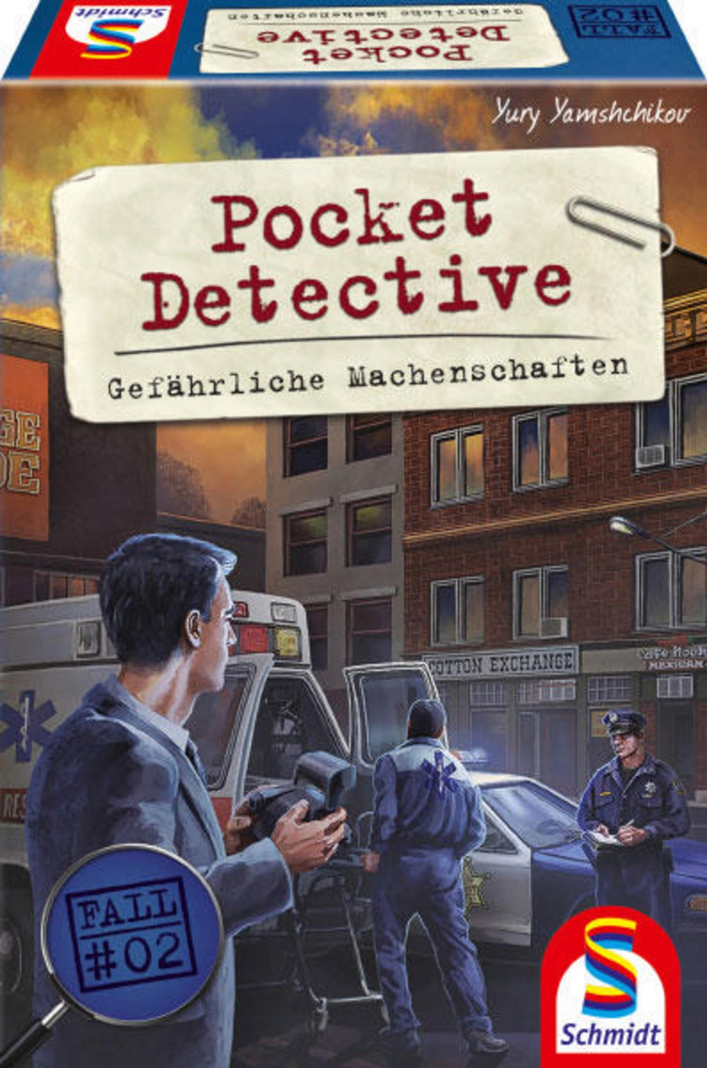 Pocket Detective Brettspielbox mit einem Detektiv, der einen Tatort vor einem Gebäude betrachtet.