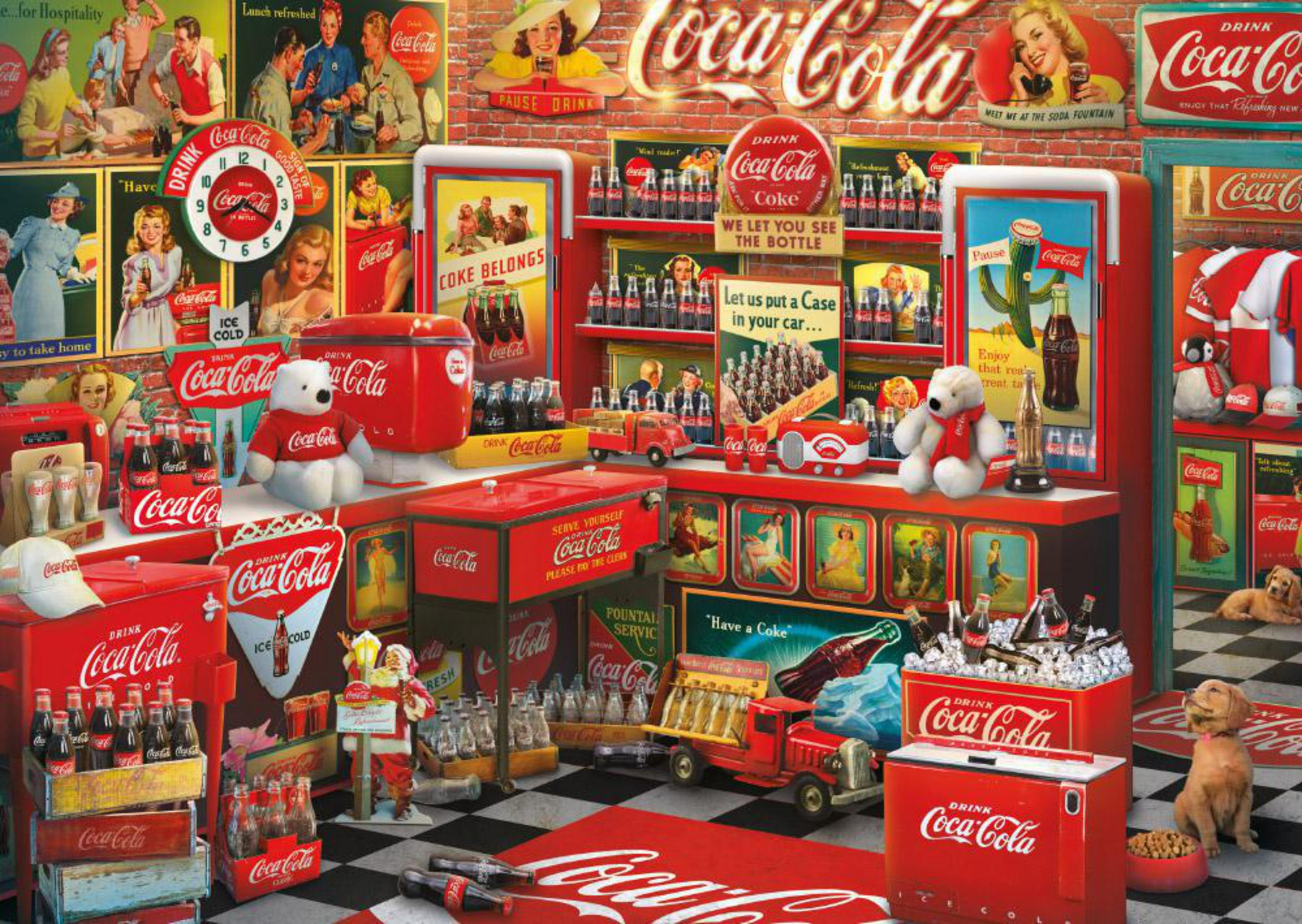 Ein Geschäft im Coca-Cola-Stil mit verschiedenen Coca-Cola-Artikeln und Dekorationen.